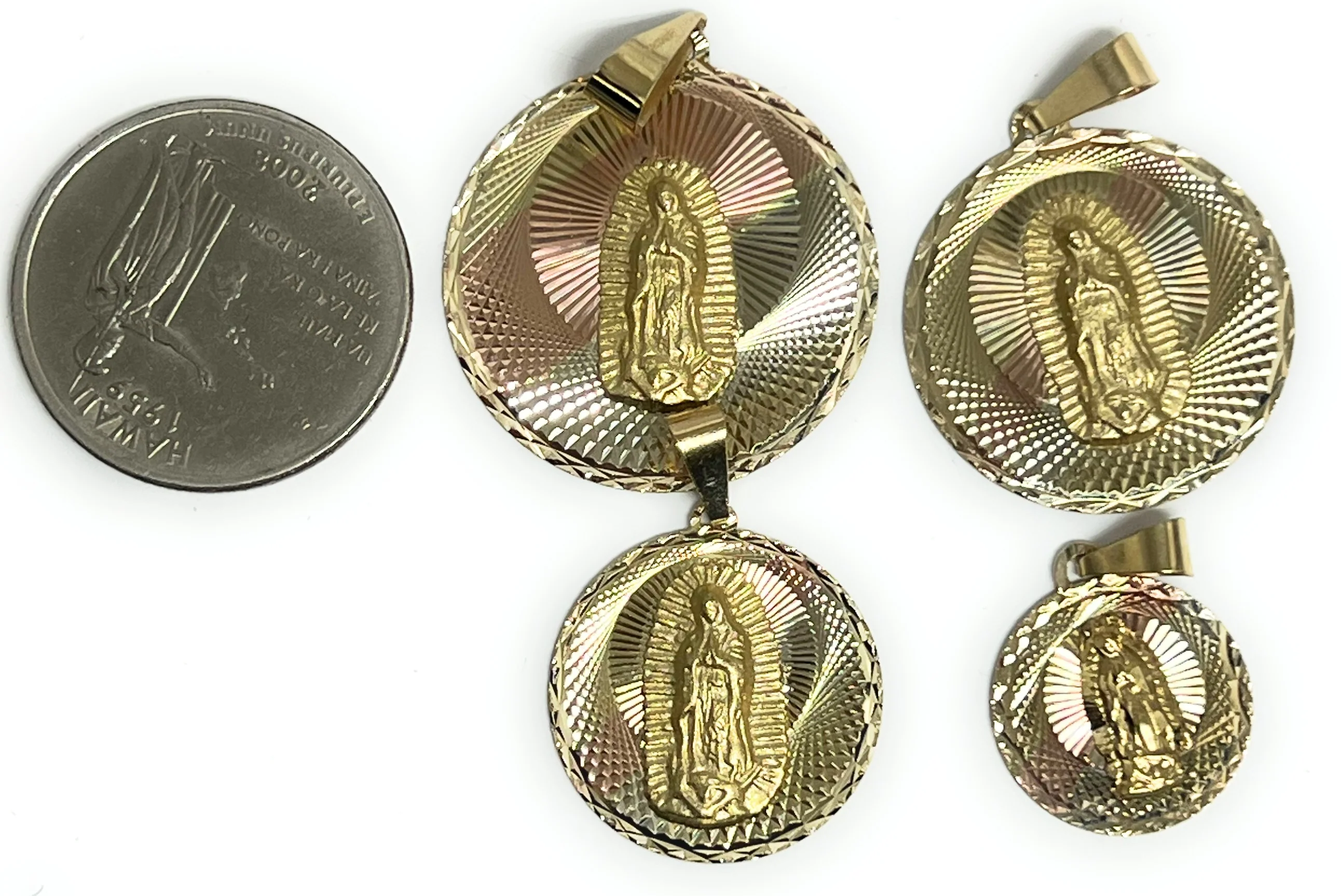 14k Solid Gold Tri-Color Virrgin Mary Round Pendant Virrgen Guadalupe Figaro Chain (SM,MED,LG) - Image 2
