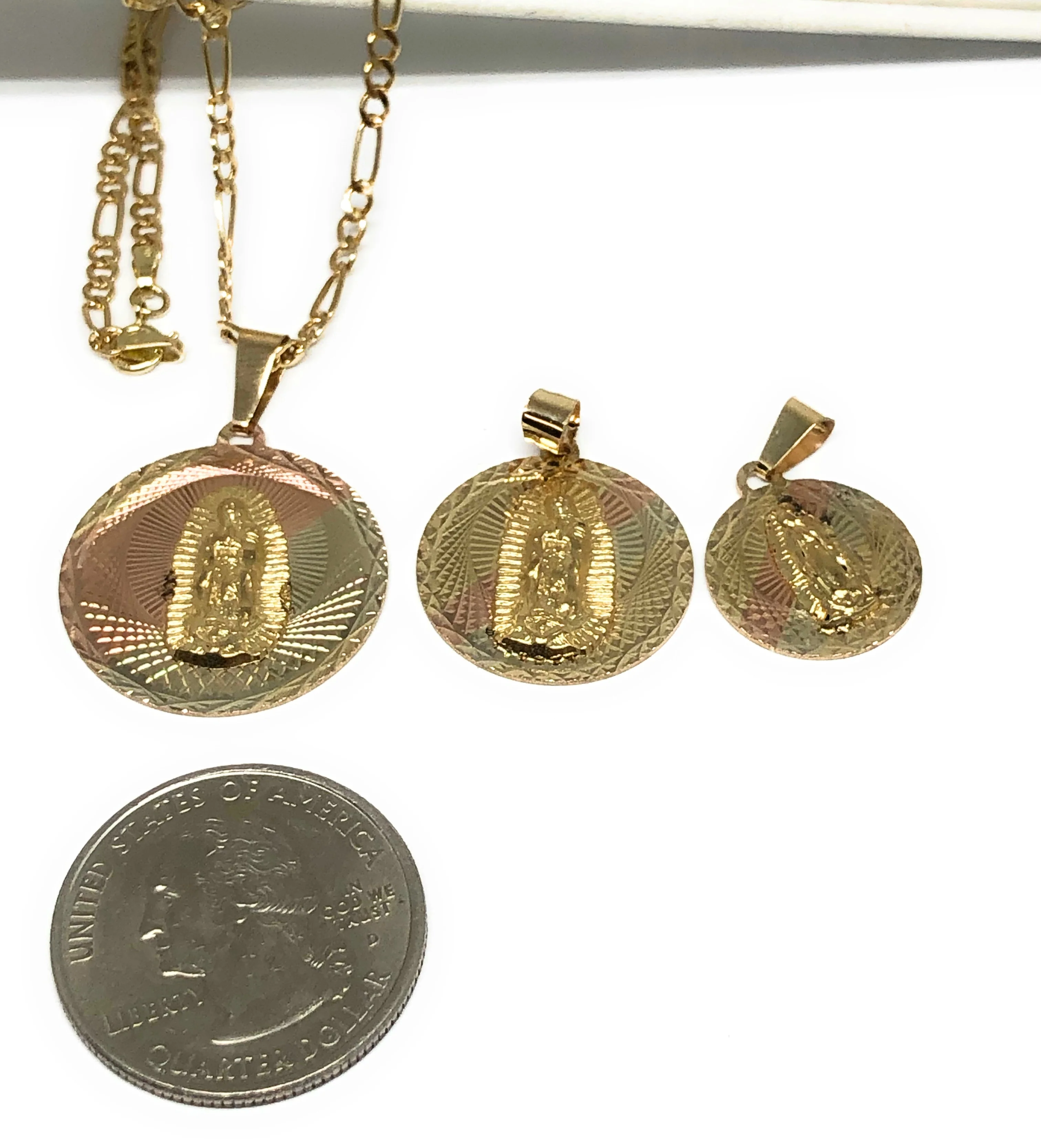 14k Solid Gold Tri-Color Virrgin Mary Round Pendant Virrgen Guadalupe Figaro Chain (SM,MED,LG) - Image 3