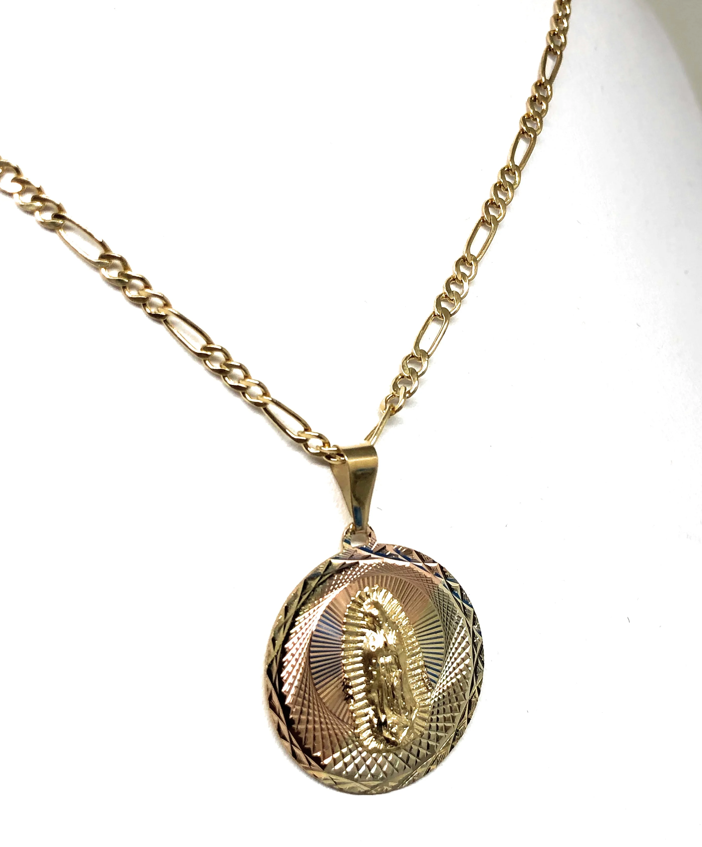 14k Solid Gold Tri-Color Virrgin Mary Round Pendant Virrgen Guadalupe Figaro Chain (SM,MED,LG) - Image 5