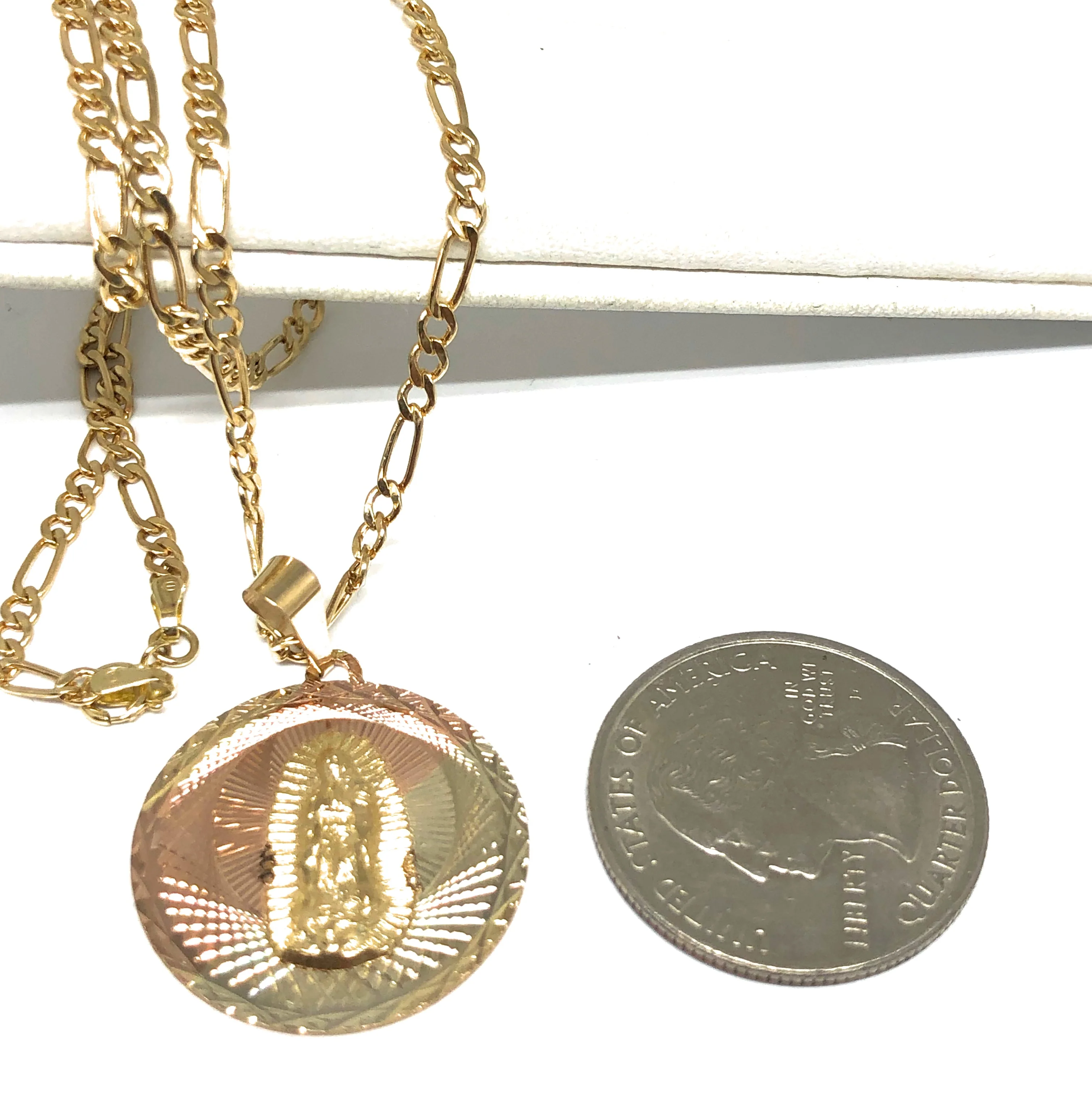 14k Solid Gold Tri-Color Virrgin Mary Round Pendant Virrgen Guadalupe Figaro Chain (SM,MED,LG) - Image 6