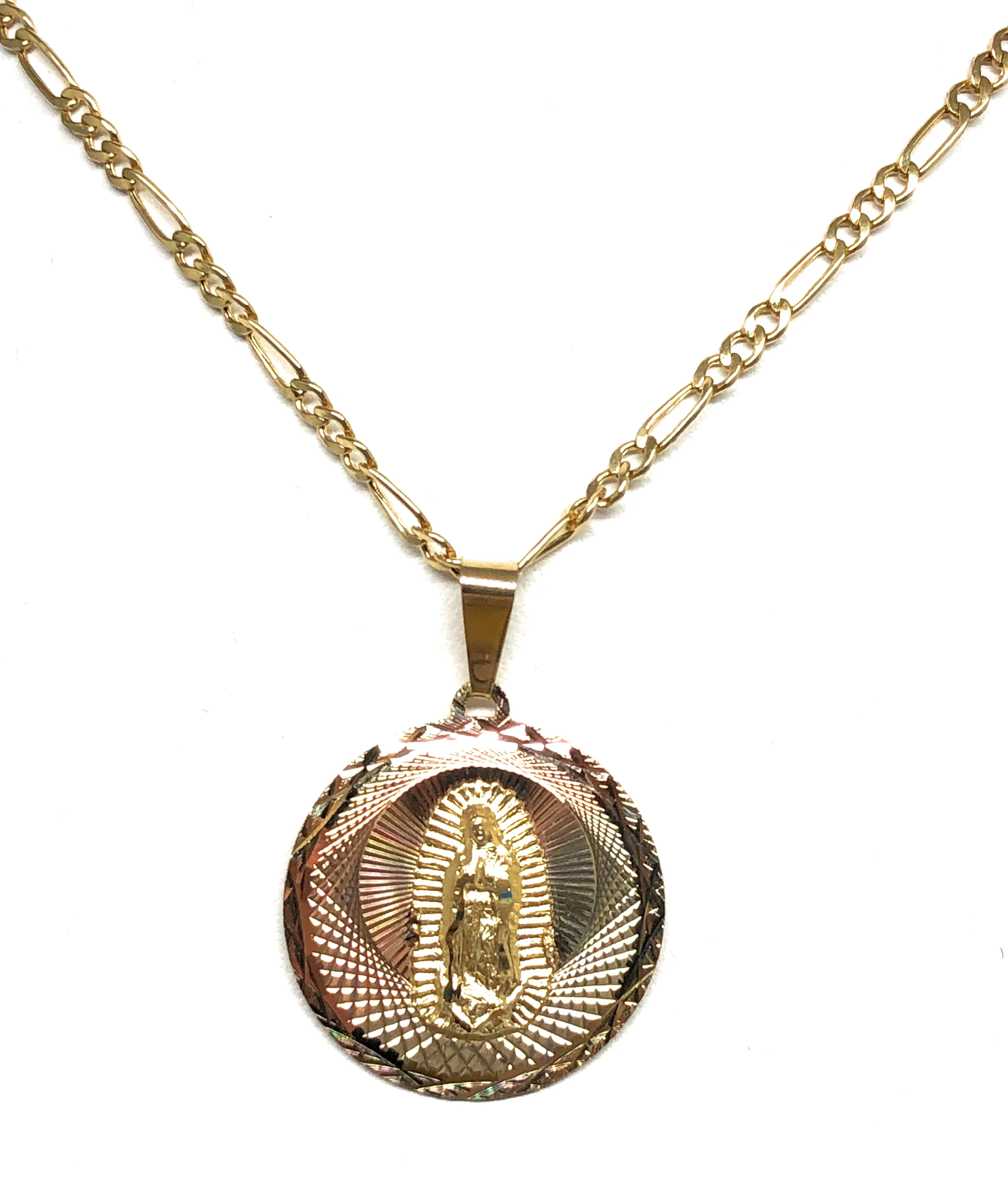 14k Solid Gold Tri-Color Virrgin Mary Round Pendant Virrgen Guadalupe Figaro Chain (SM,MED,LG) - Image 7
