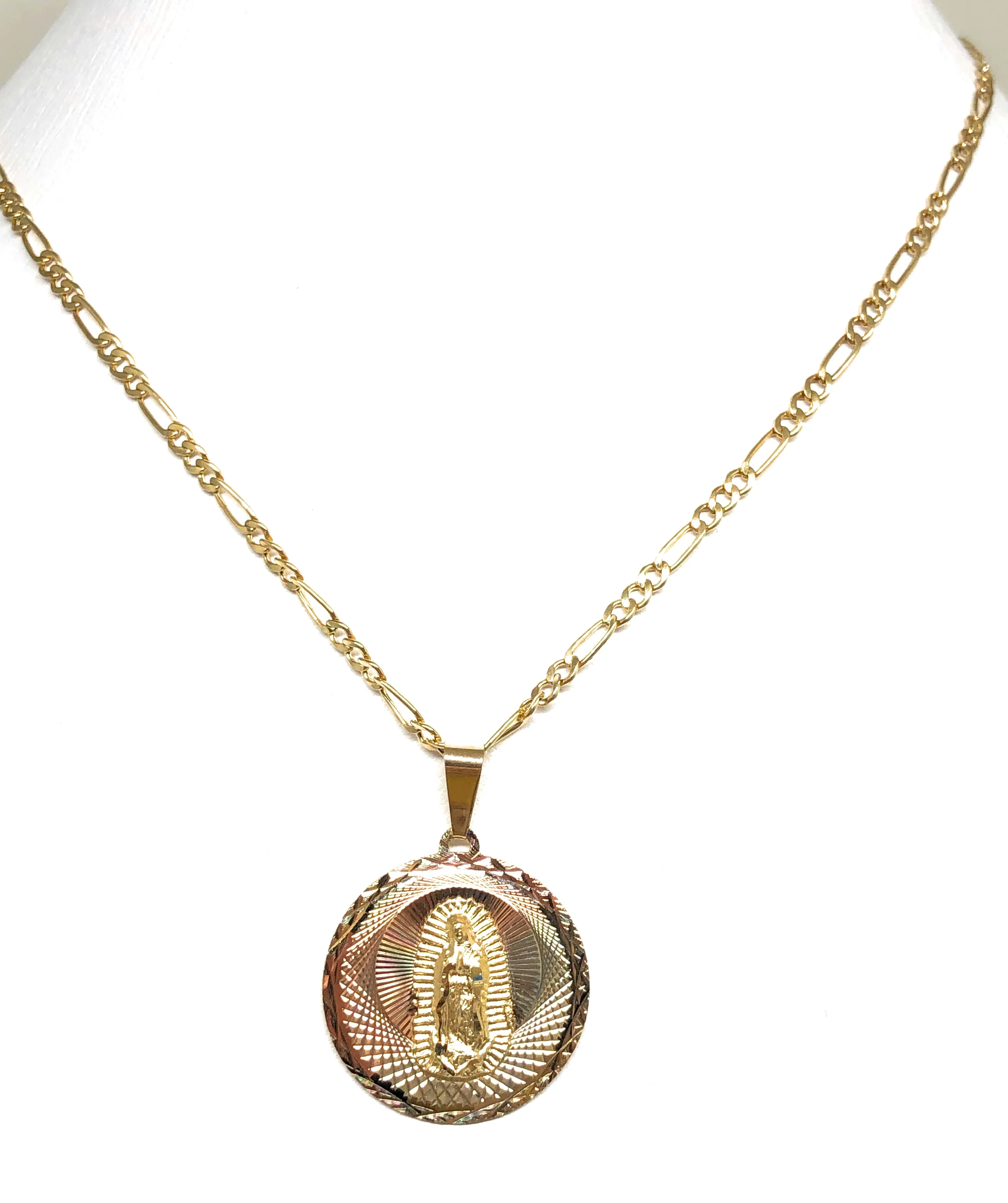 14k Solid Gold Tri-Color Virrgin Mary Round Pendant Virrgen Guadalupe Figaro Chain (SM,MED,LG) - Image 8