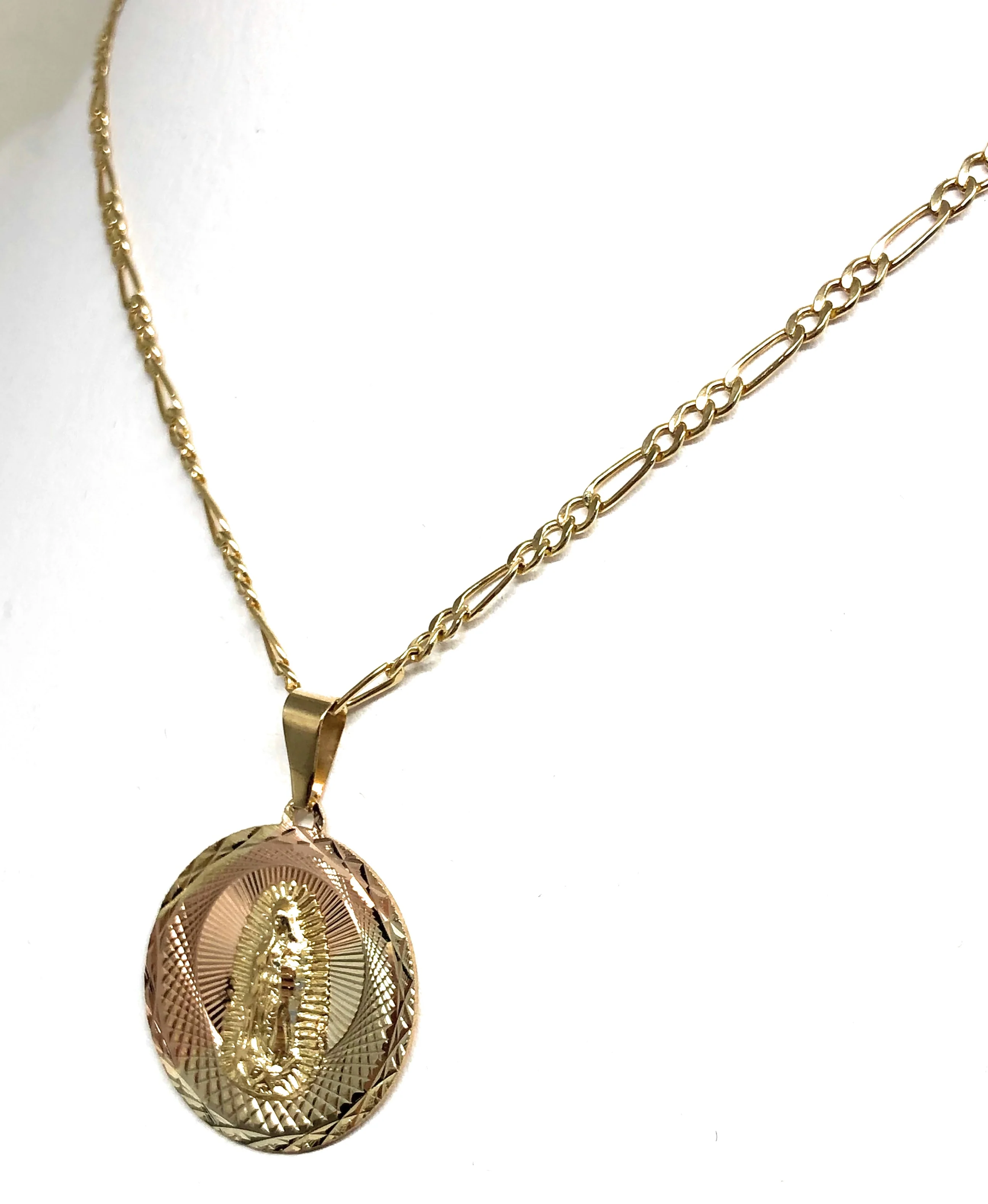14k Solid Gold Tri-Color Virrgin Mary Round Pendant Virrgen Guadalupe Figaro Chain (SM,MED,LG) - Image 9