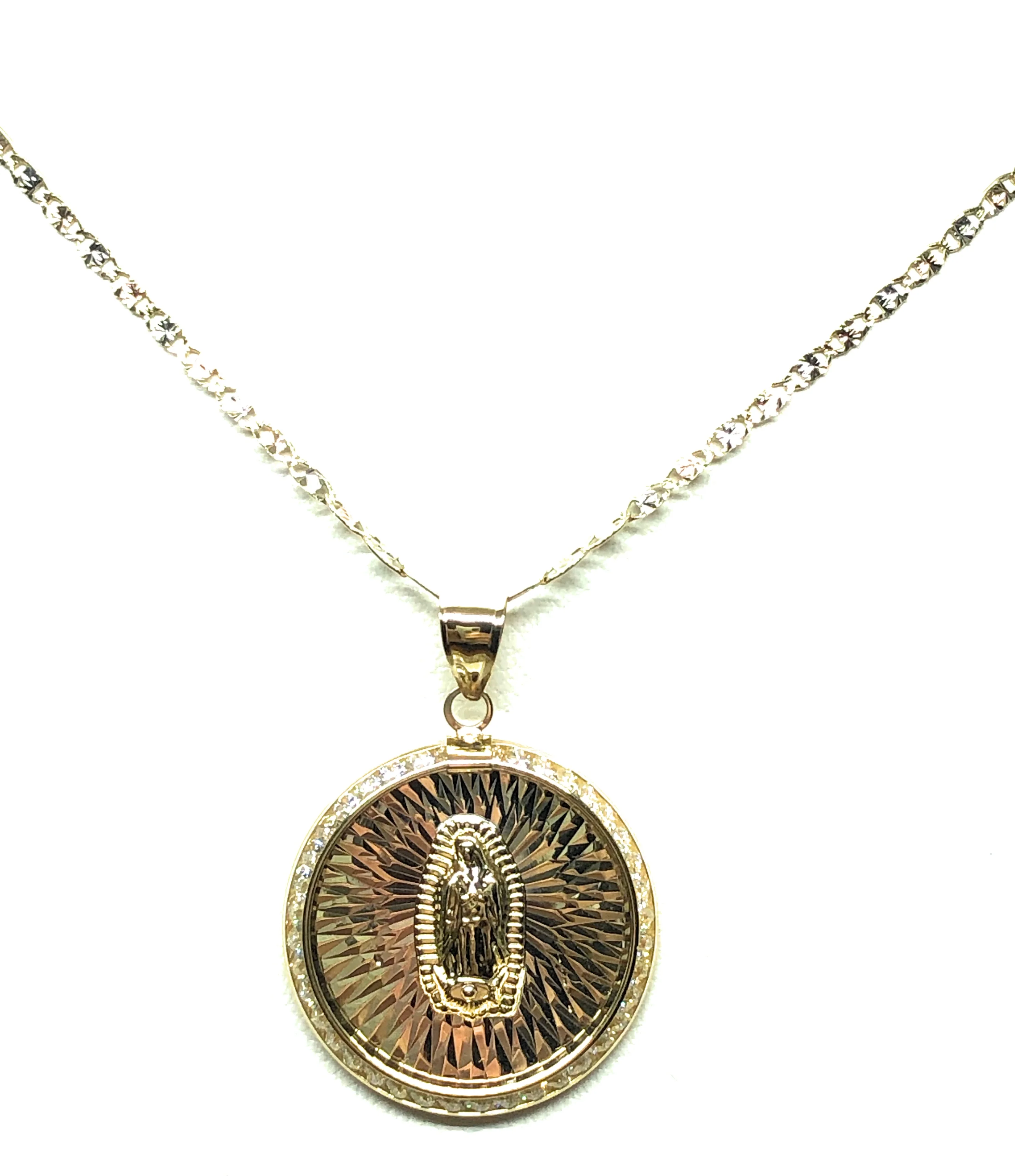 14k Solid Gold Tri-Color Virrgin Mary Round Pendant Virrgen Guadalupe Valentina Chain (LG) - Image 4