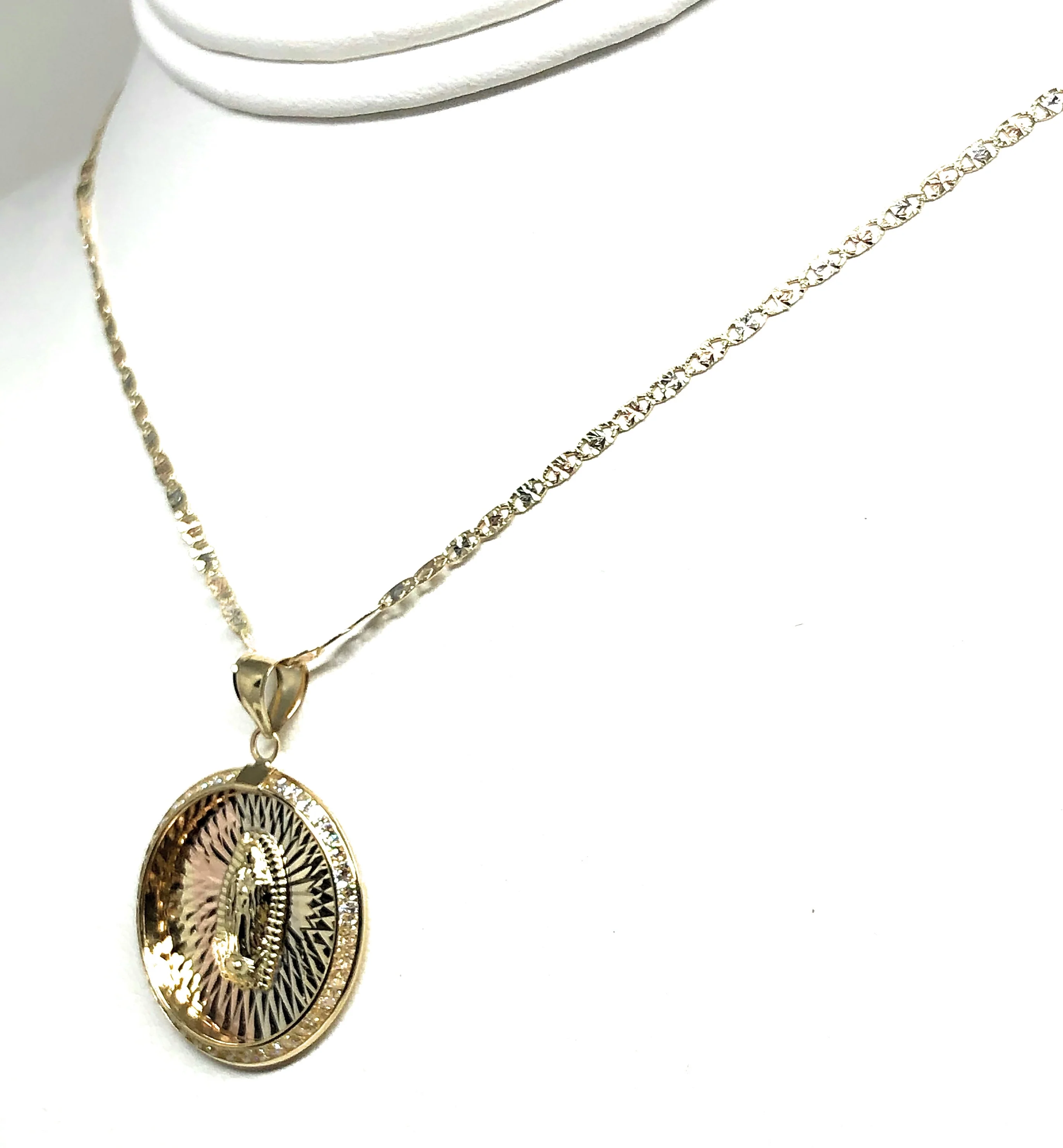 14k Solid Gold Tri-Color Virrgin Mary Round Pendant Virrgen Guadalupe Valentina Chain (LG) - Image 7