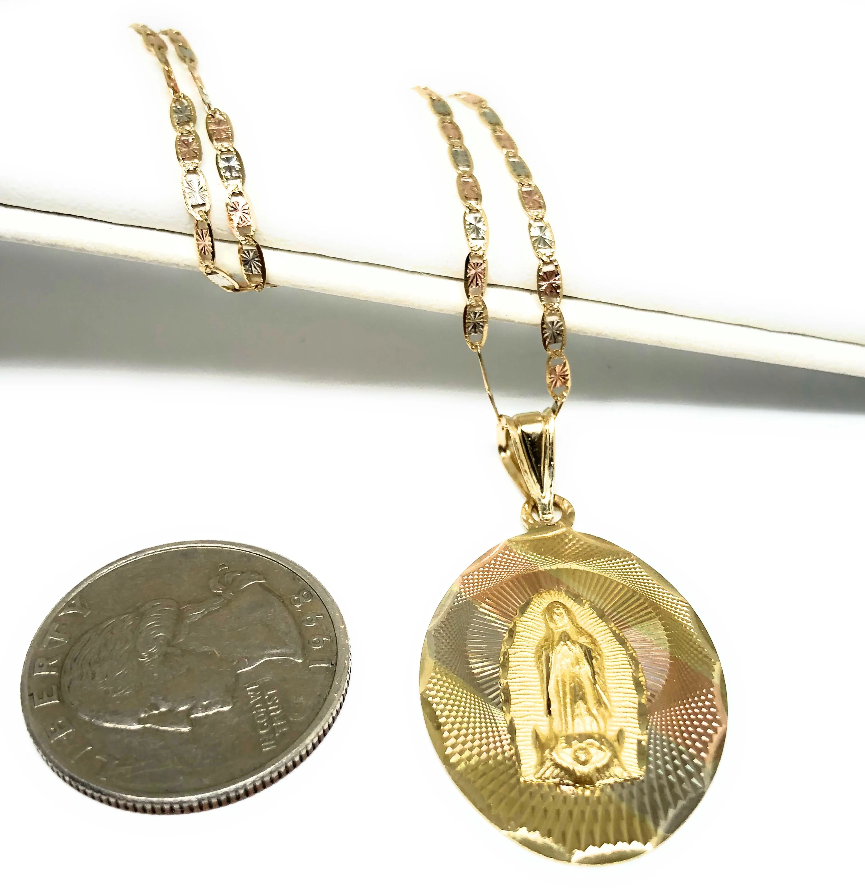 14k Solid Gold Tri-Color Virrgin Mary Pendant Virrgen Guadalupe Valentina Chain - Image 3