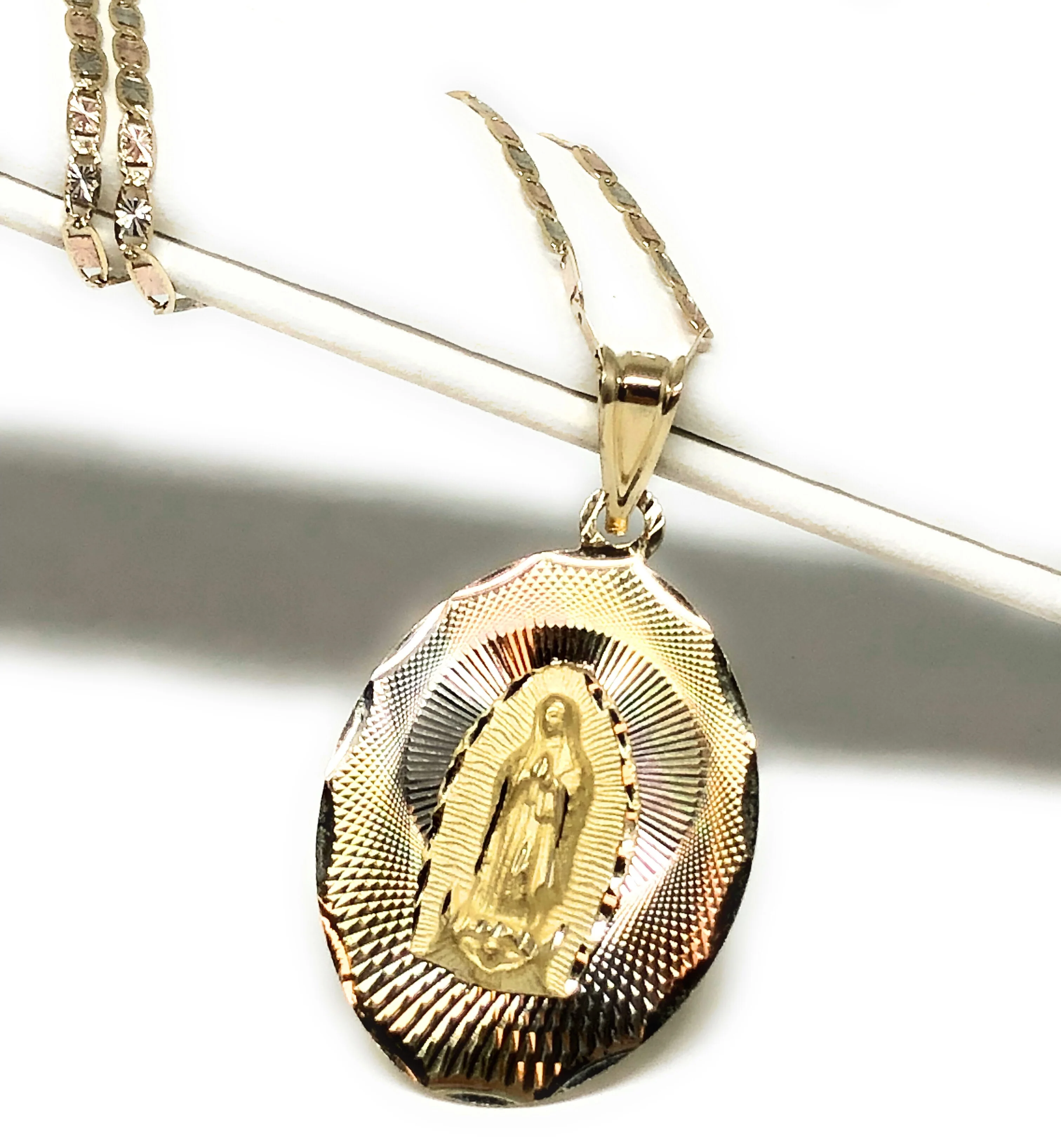 14k Solid Gold Tri-Color Virrgin Mary Pendant Virrgen Guadalupe Valentina Chain - Image 4