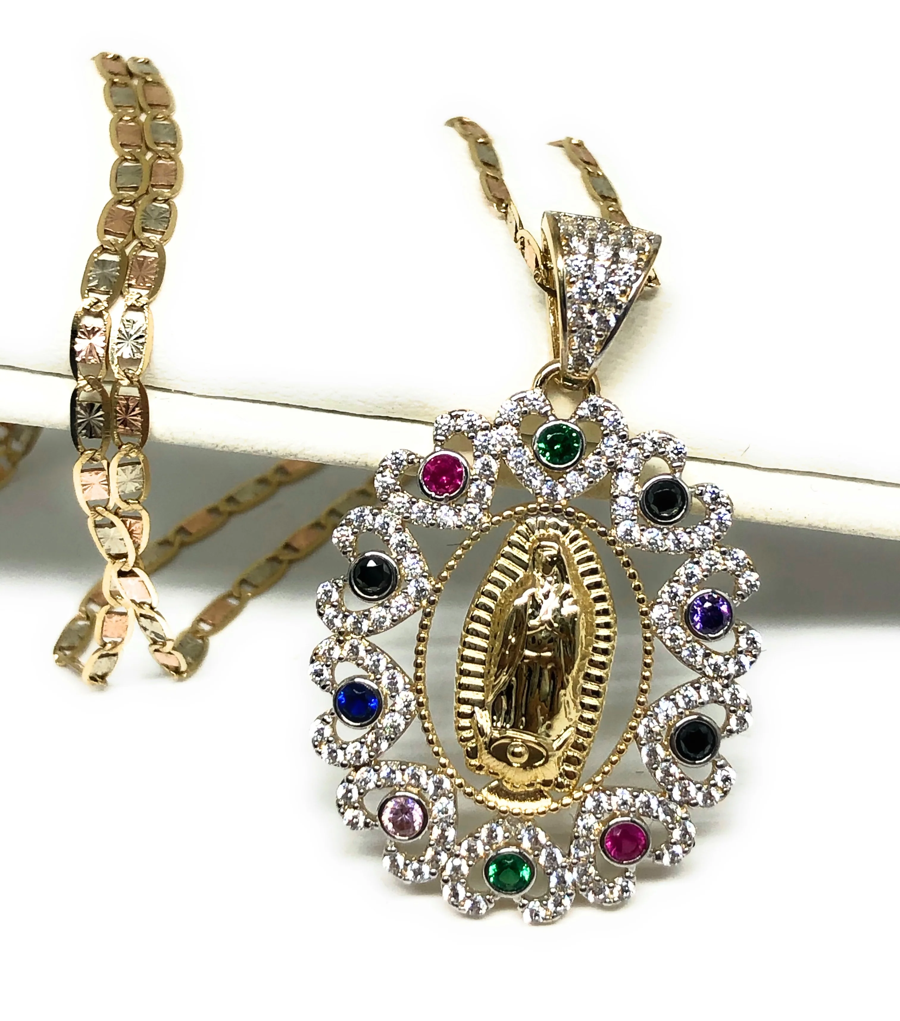 14k Solid Gold Virrgin Mary Colorful Fancy Elegant CZ Pendant Virrgen Guadalupe Valentina Chain