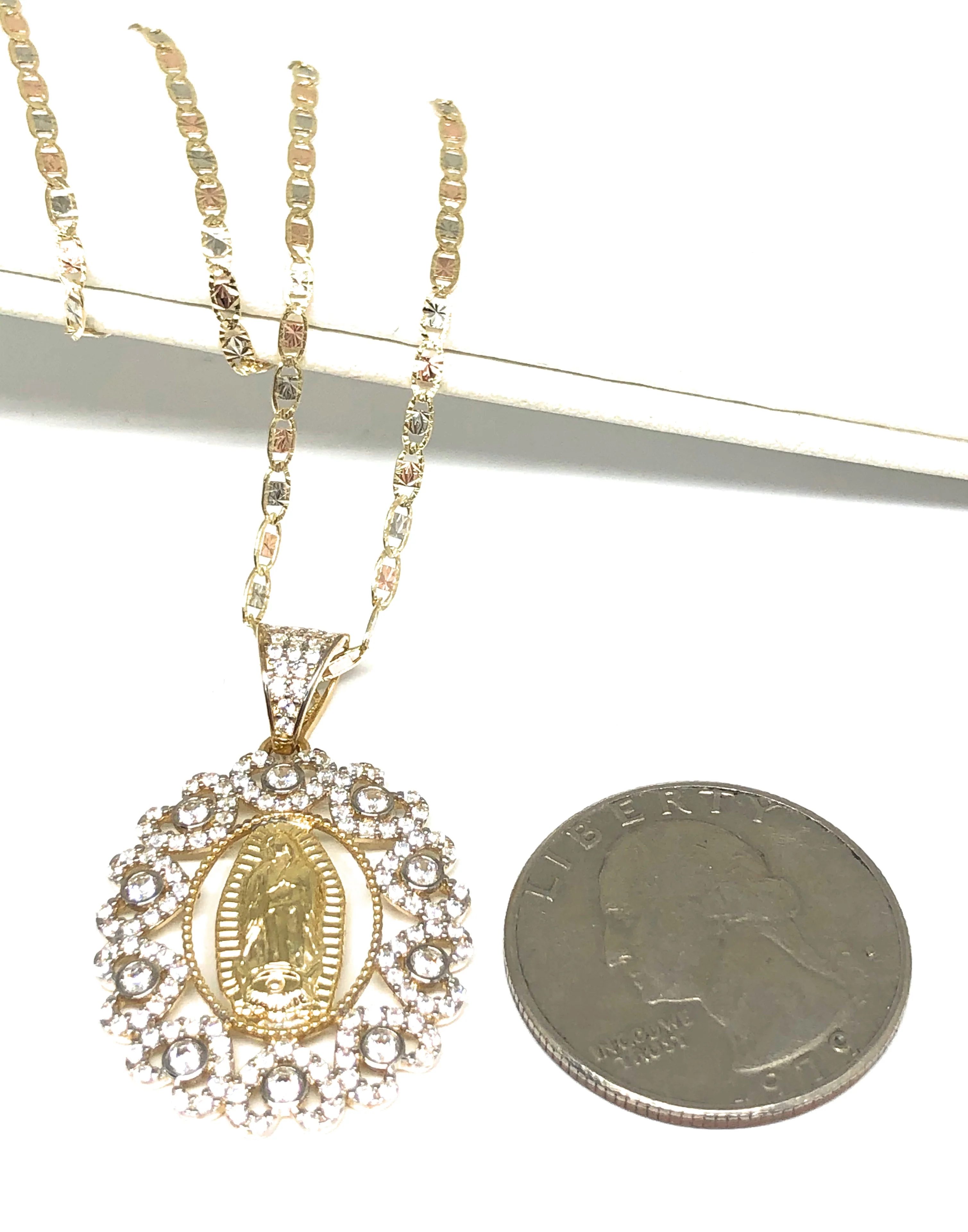 14k Solid Gold Virrgin Mary Colorful Fancy Elegant CZ Pendant Virrgen Guadalupe Valentina Chain - Image 2