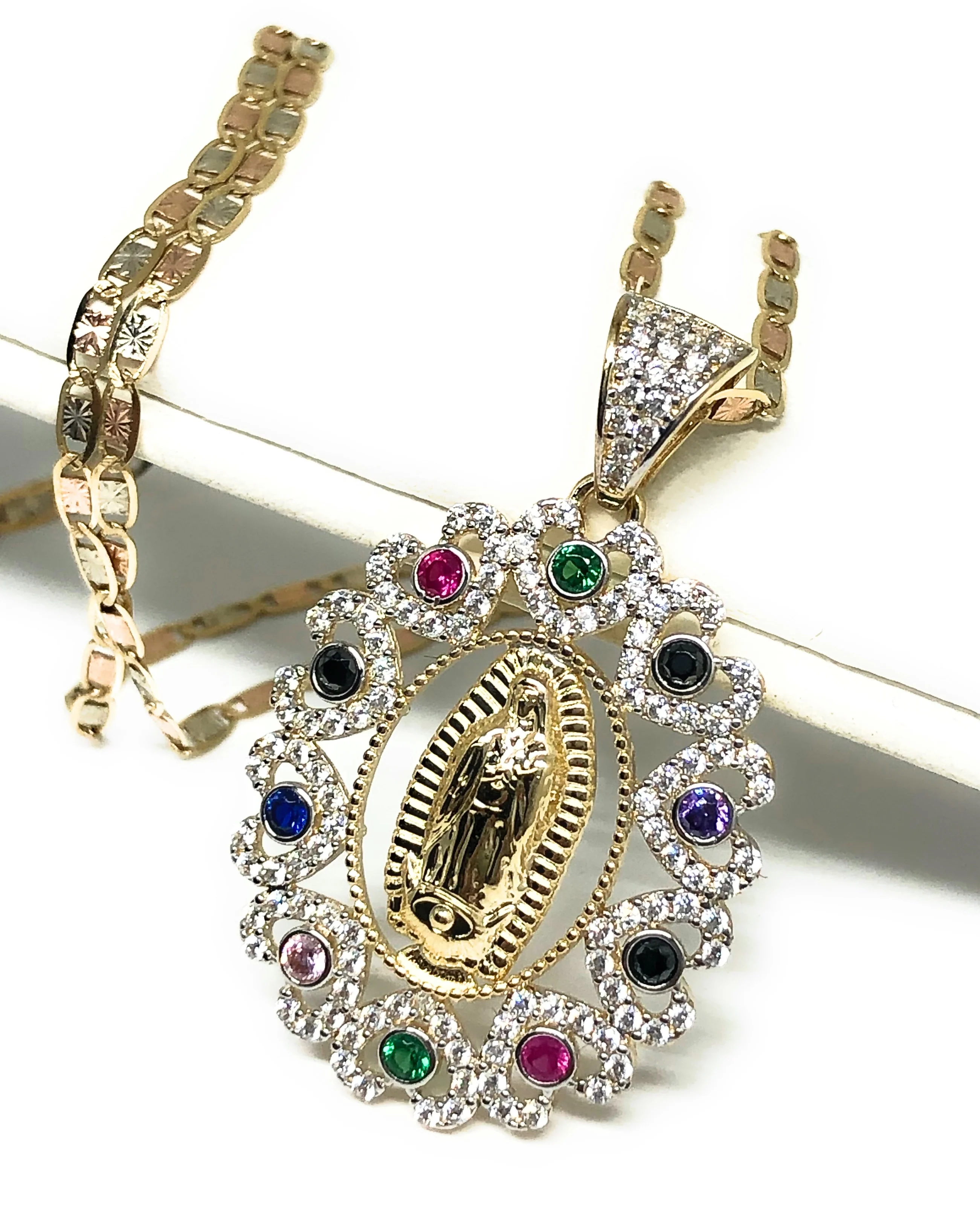 14k Solid Gold Virrgin Mary Colorful Fancy Elegant CZ Pendant Virrgen Guadalupe Valentina Chain - Image 3