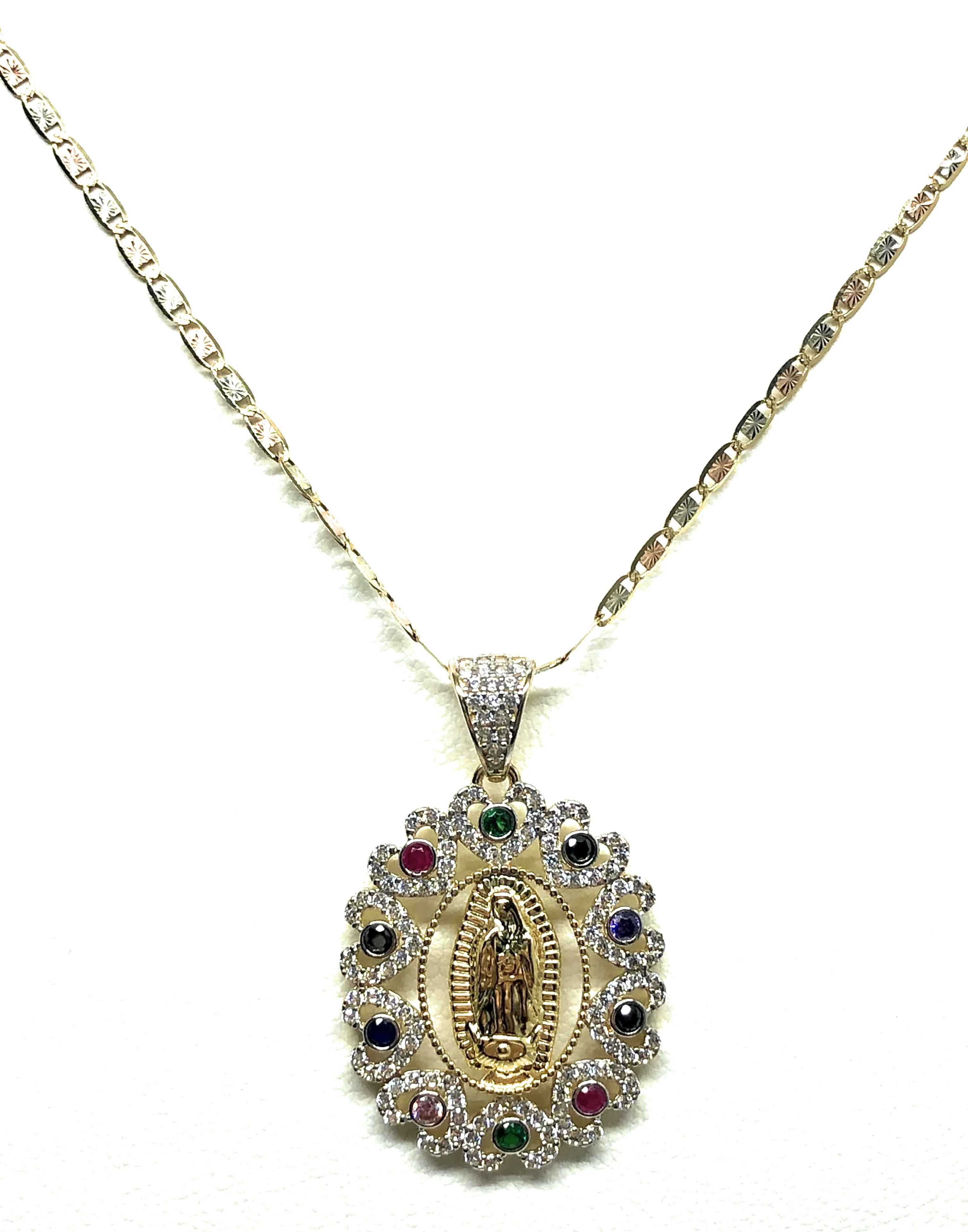 14k Solid Gold Virrgin Mary Colorful Fancy Elegant CZ Pendant Virrgen Guadalupe Valentina Chain - Image 4