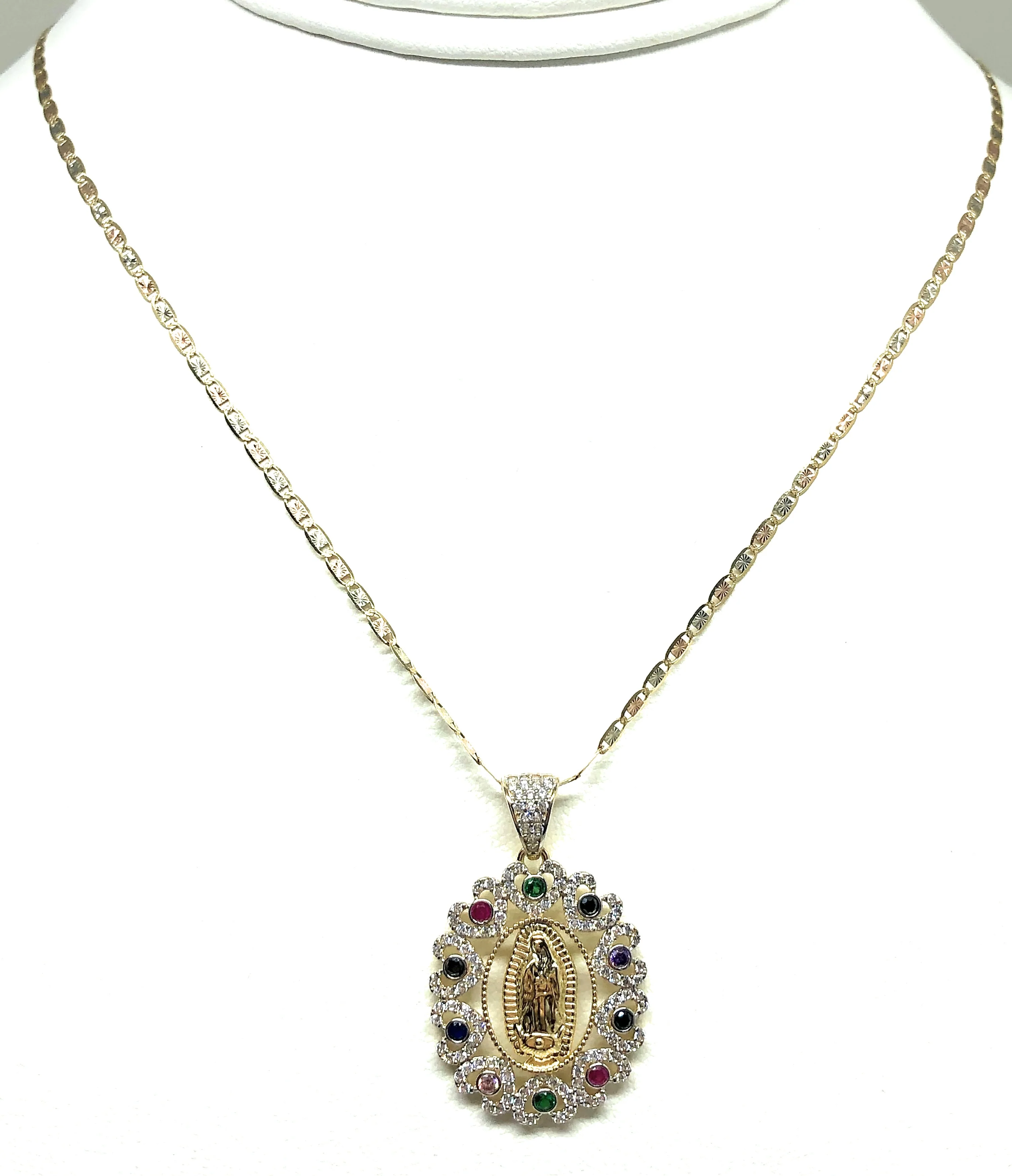 14k Solid Gold Virrgin Mary Colorful Fancy Elegant CZ Pendant Virrgen Guadalupe Valentina Chain - Image 5