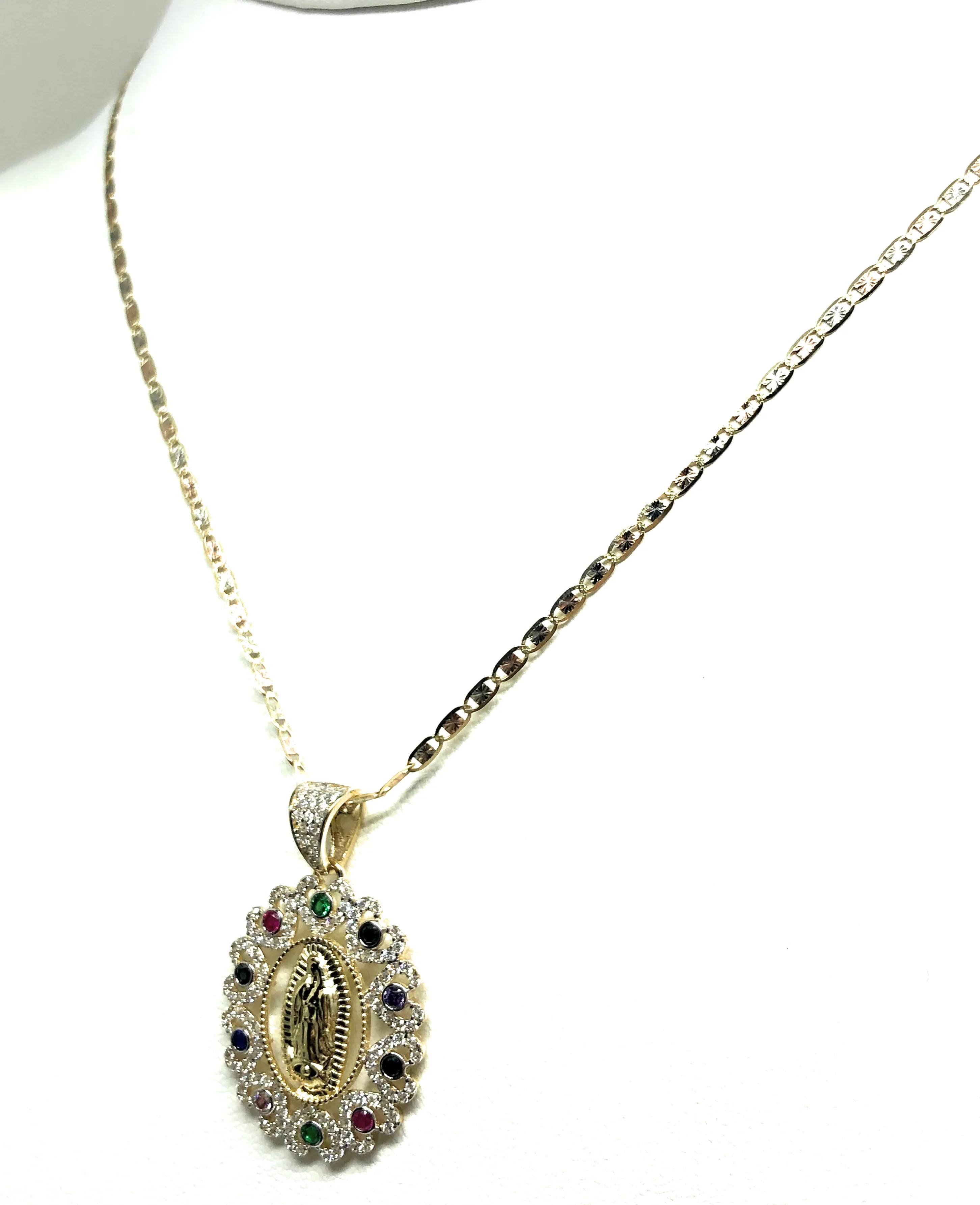 14k Solid Gold Virrgin Mary Colorful Fancy Elegant CZ Pendant Virrgen Guadalupe Valentina Chain - Image 6