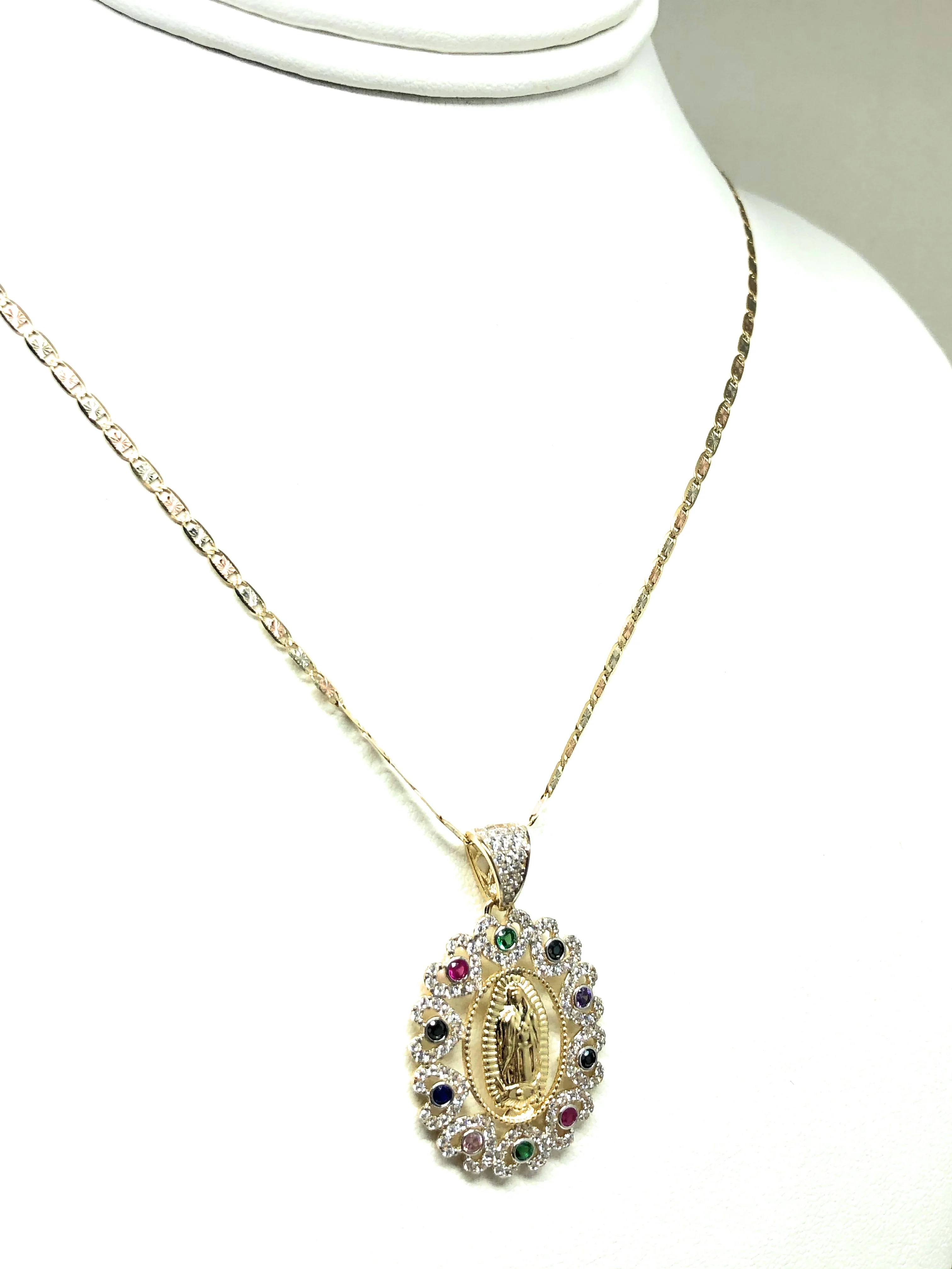 14k Solid Gold Virrgin Mary Colorful Fancy Elegant CZ Pendant Virrgen Guadalupe Valentina Chain - Image 7