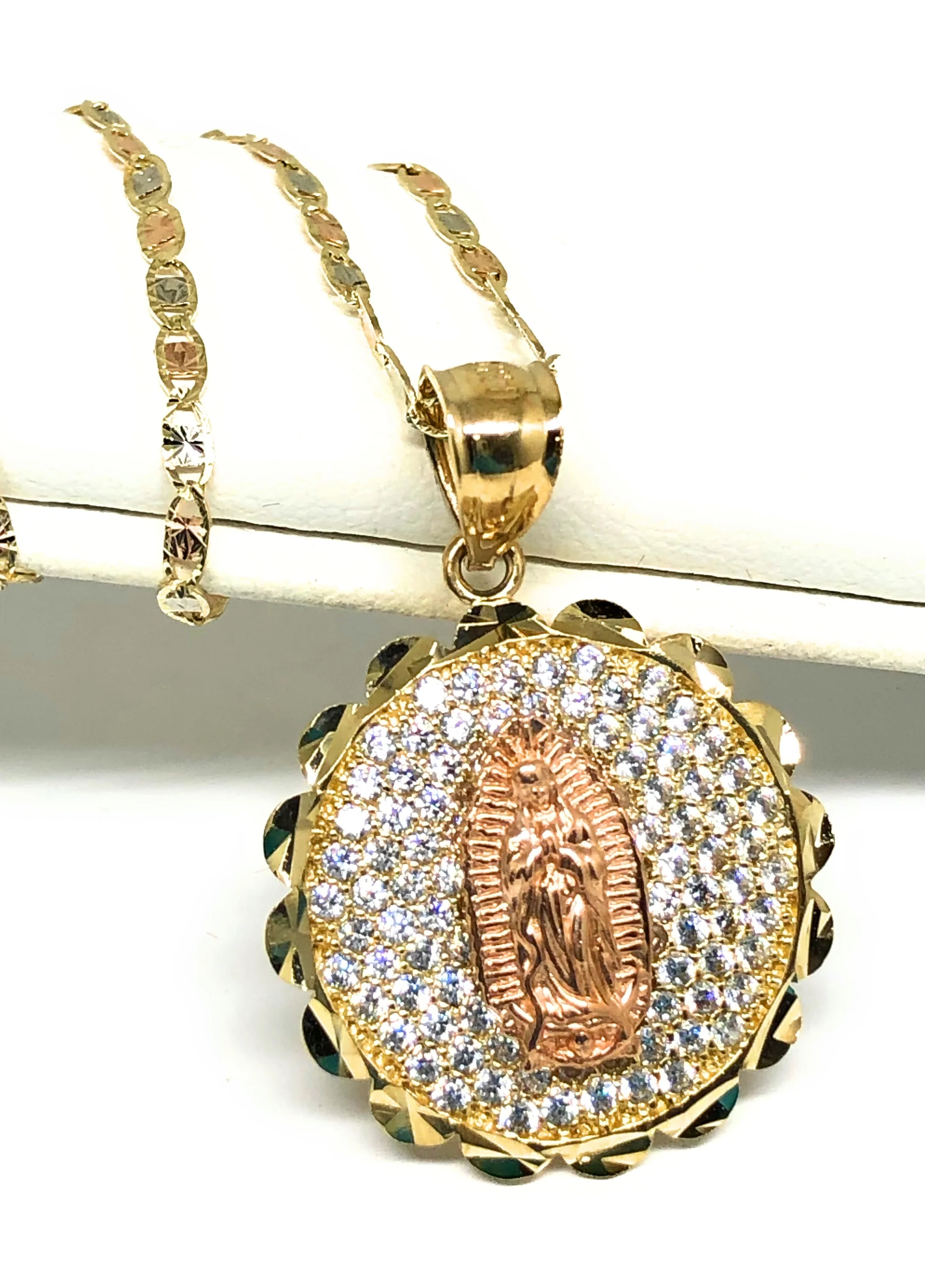 14k Solid Gold Virrgin Mary CZ Round Pendant Virrgen Guadalupe Valentina Chain