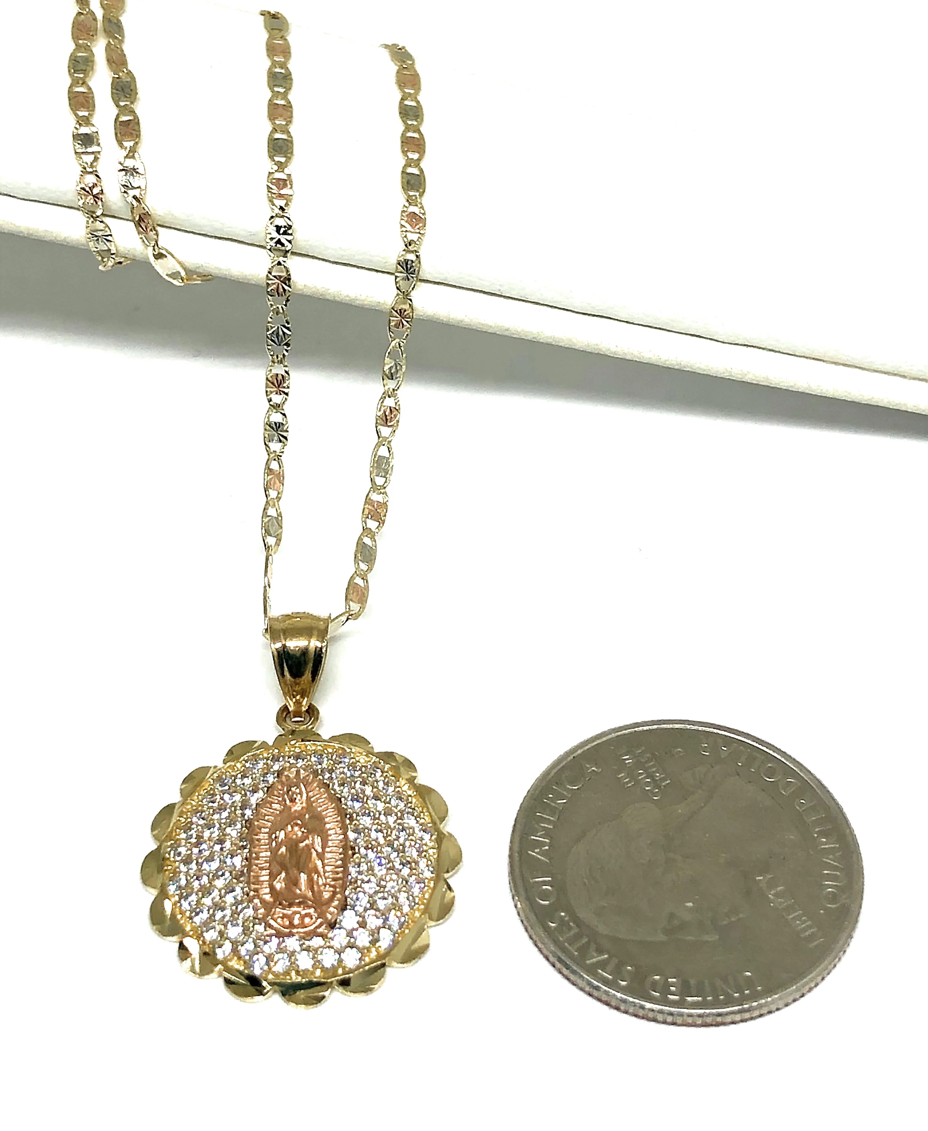 14k Solid Gold Virrgin Mary CZ Round Pendant Virrgen Guadalupe Valentina Chain - Image 2