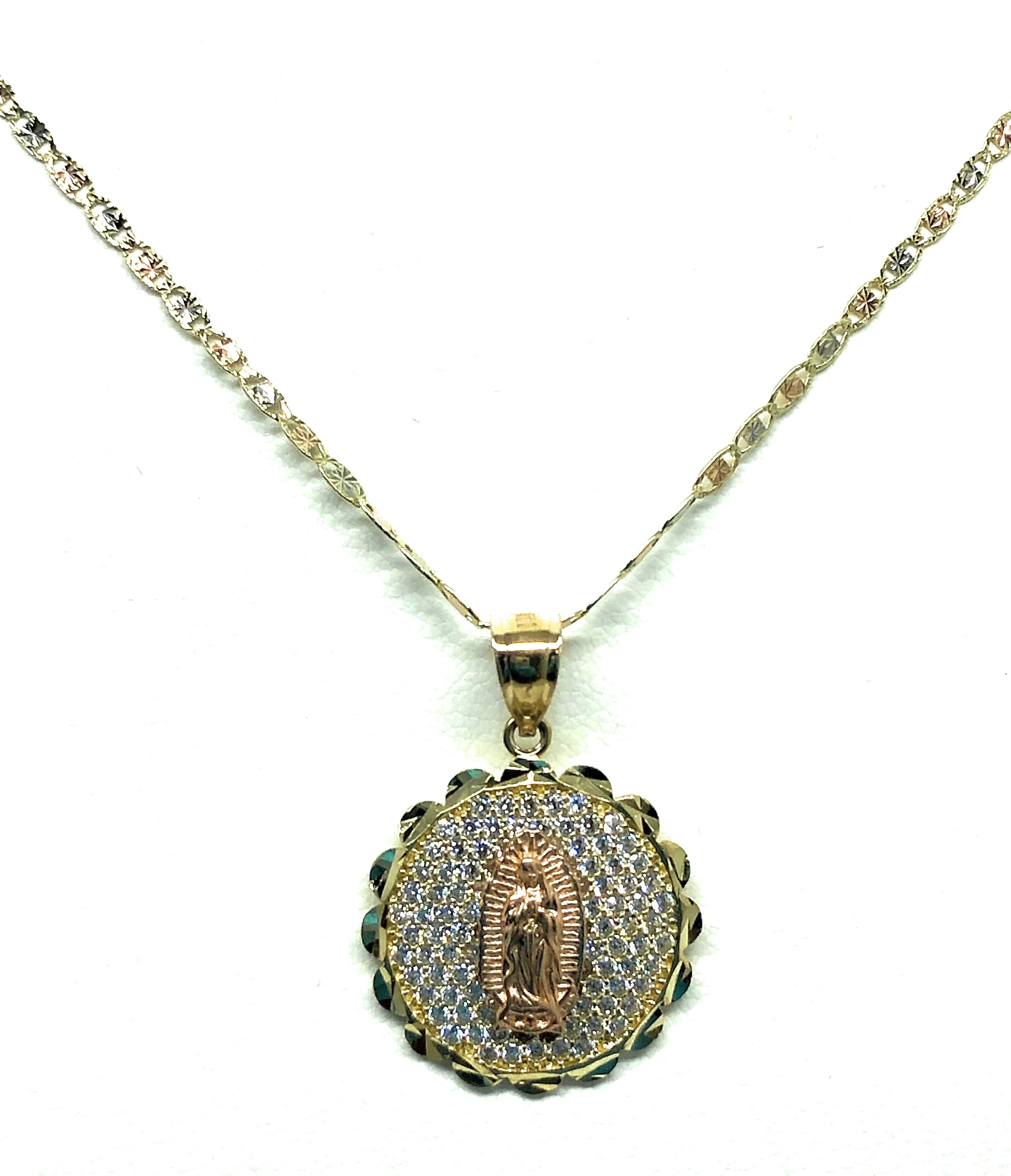 14k Solid Gold Virrgin Mary CZ Round Pendant Virrgen Guadalupe Valentina Chain - Image 4