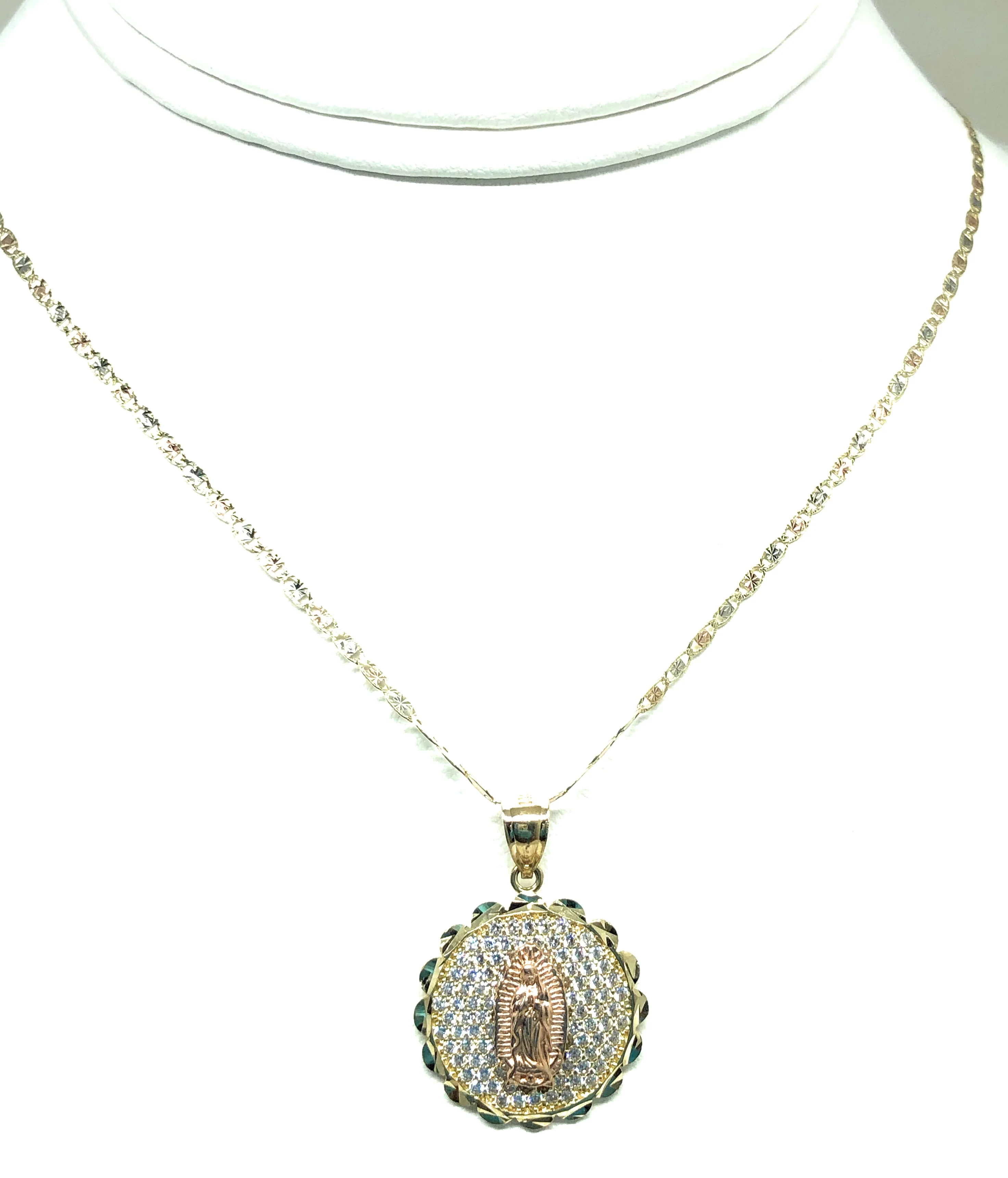 14k Solid Gold Virrgin Mary CZ Round Pendant Virrgen Guadalupe Valentina Chain - Image 5