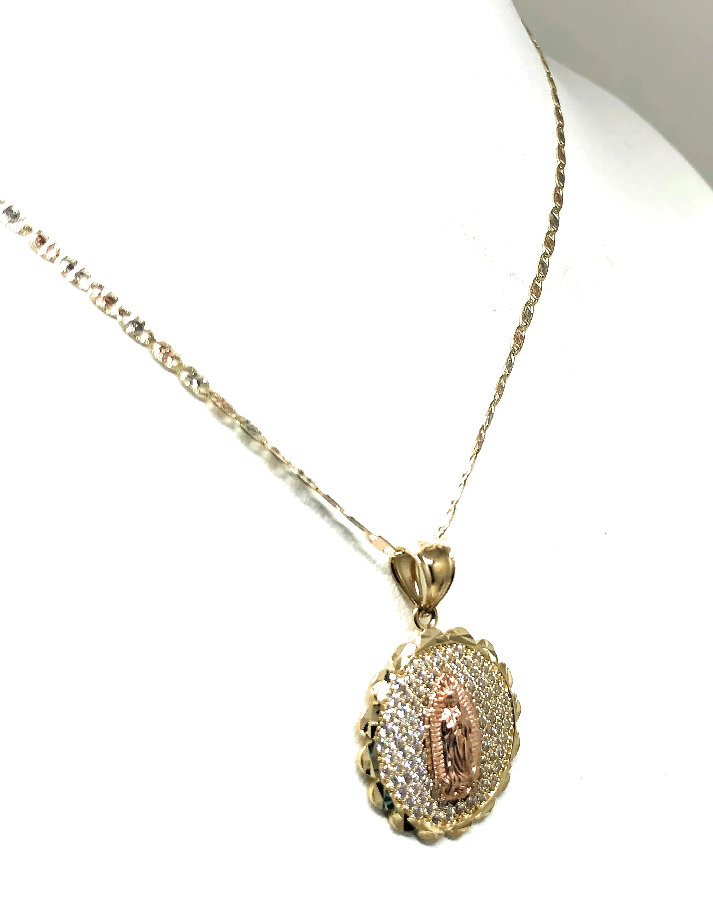 14k Solid Gold Virrgin Mary CZ Round Pendant Virrgen Guadalupe Valentina Chain - Image 7