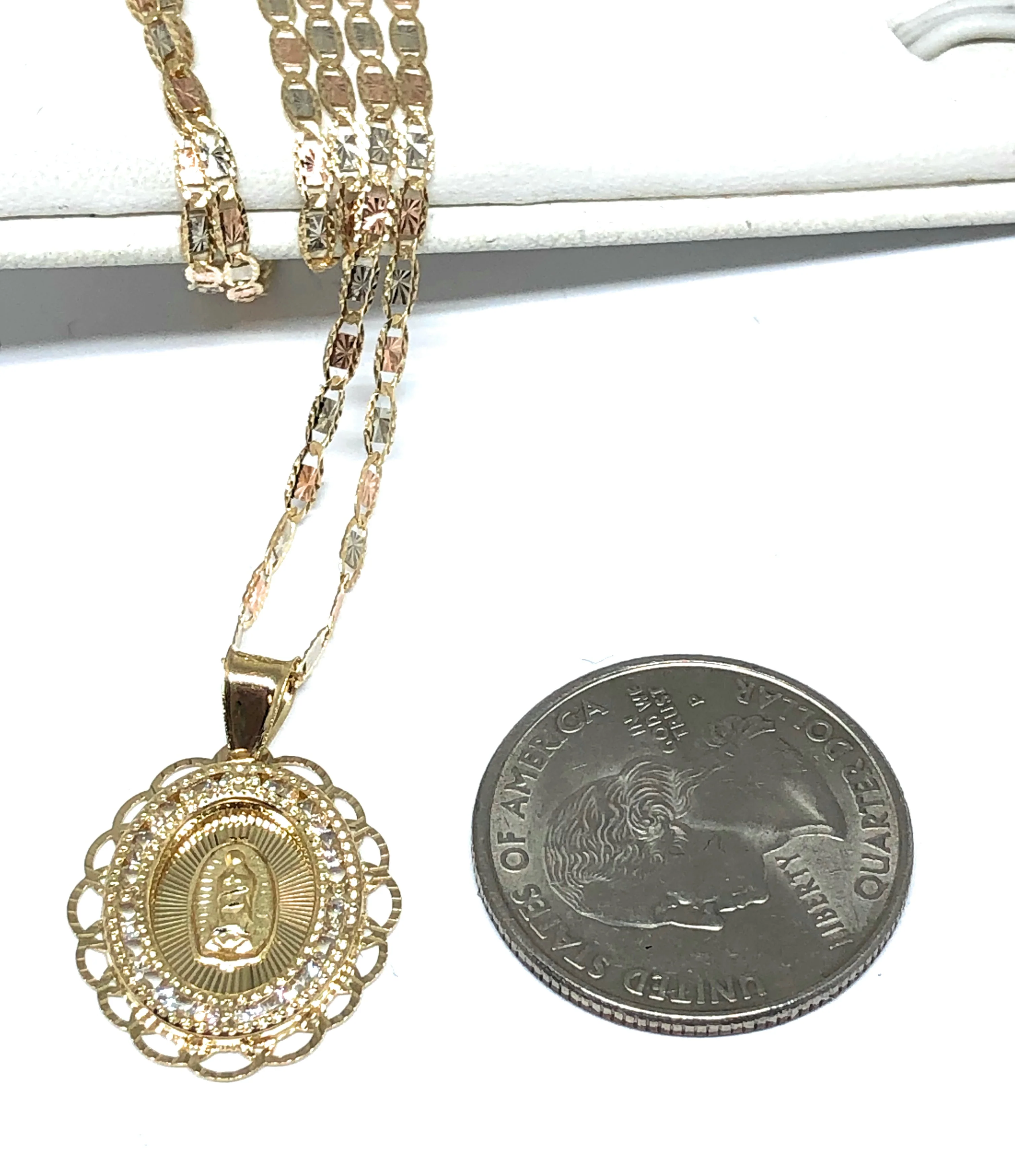 14k Solid Gold Virrgin Mary CZ Pendant Necklace Virrgen Gaudalupe Valentina Chain - Image 3