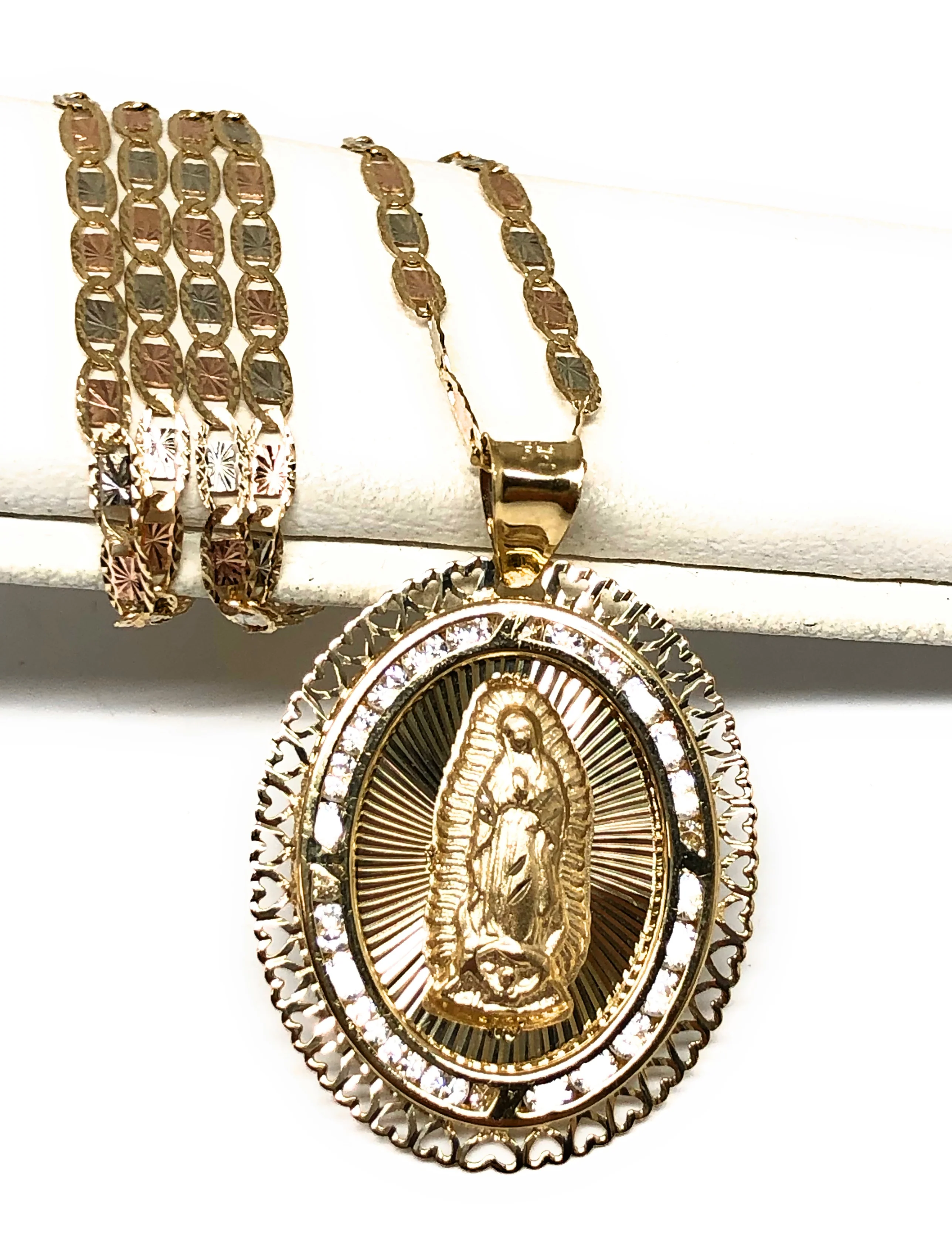 14k Solid Gold Virrgin Mary CZ Pendant Necklace Virrgen Gaudalupe Valentina Chain (MED)