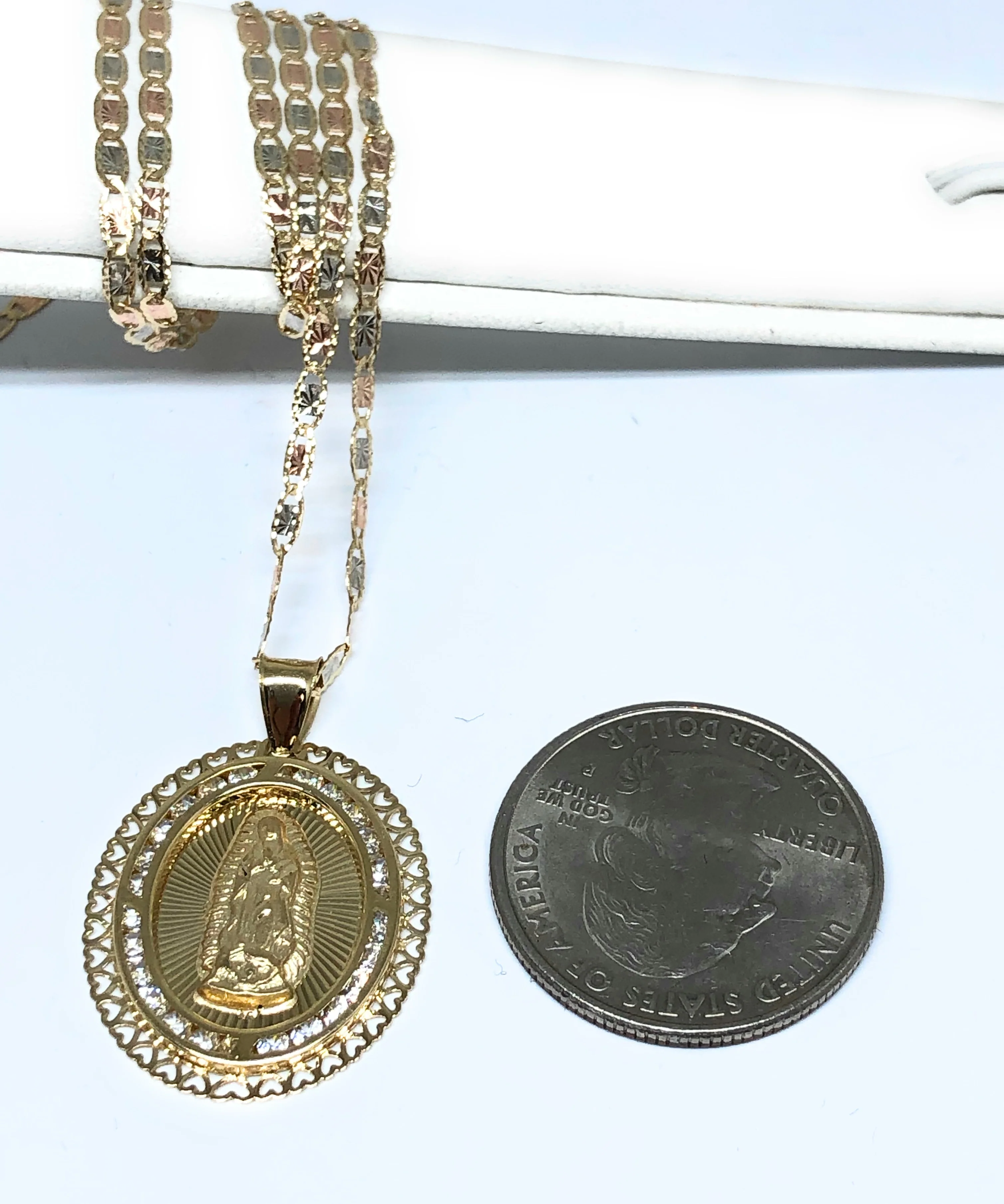 14k Solid Gold Virrgin Mary CZ Pendant Necklace Virrgen Gaudalupe Valentina Chain (MED) - Image 2