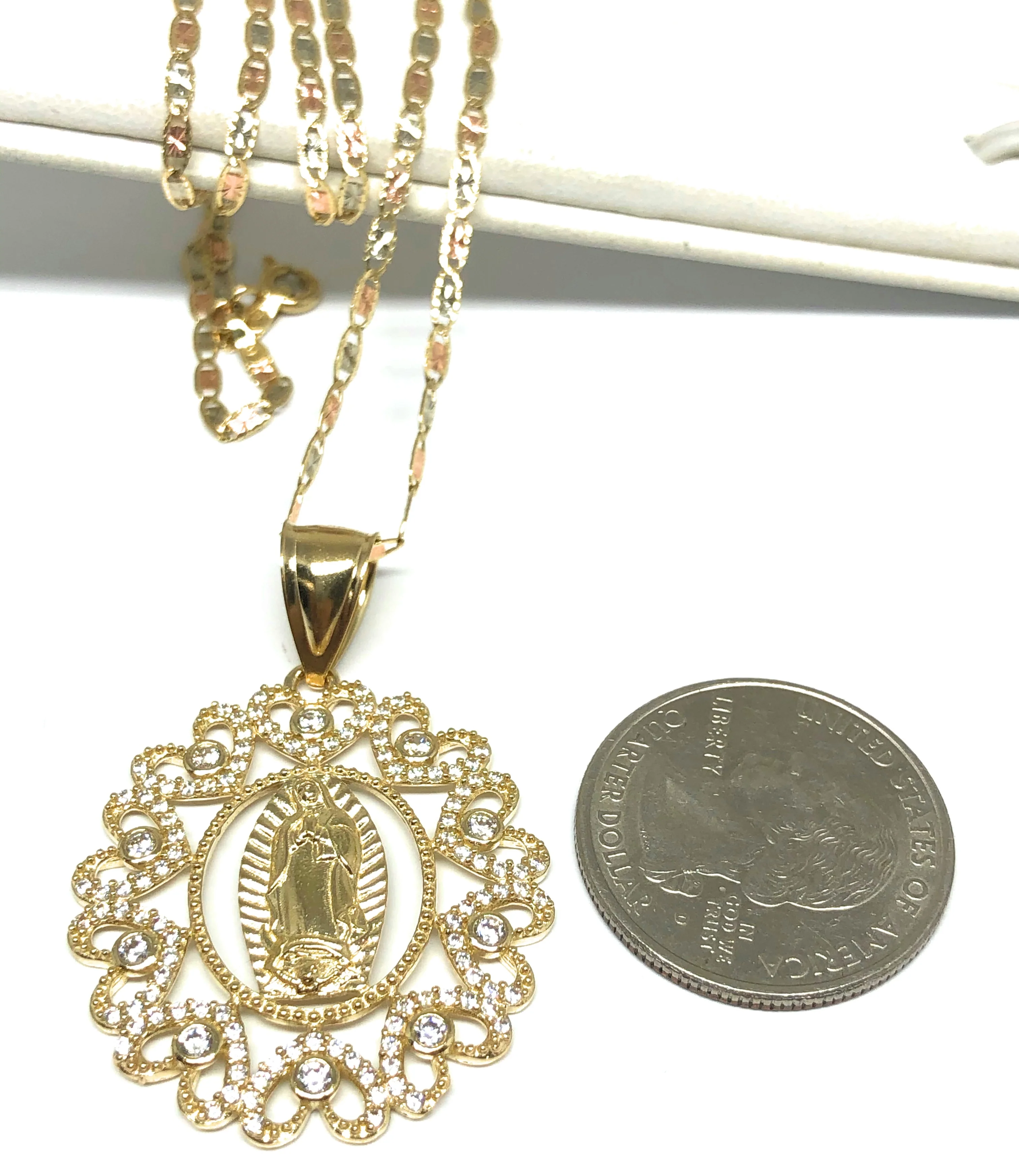 14k Solid Gold Virrgin Mary Fancy Elegant CZ Pendant  Virrgen Guadalupe Valentina Chain - Image 2