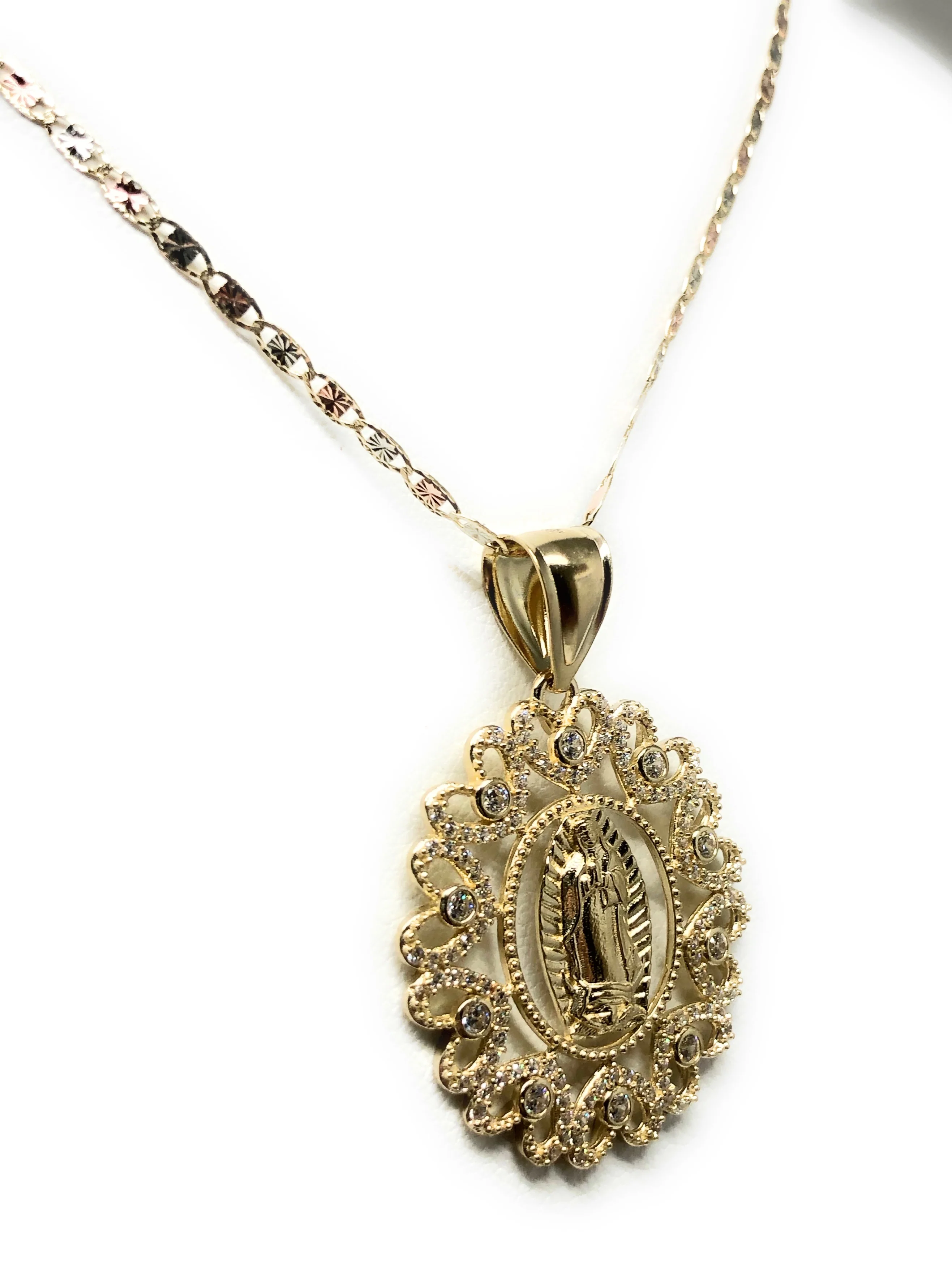 14k Solid Gold Virrgin Mary Fancy Elegant CZ Pendant  Virrgen Guadalupe Valentina Chain - Image 6