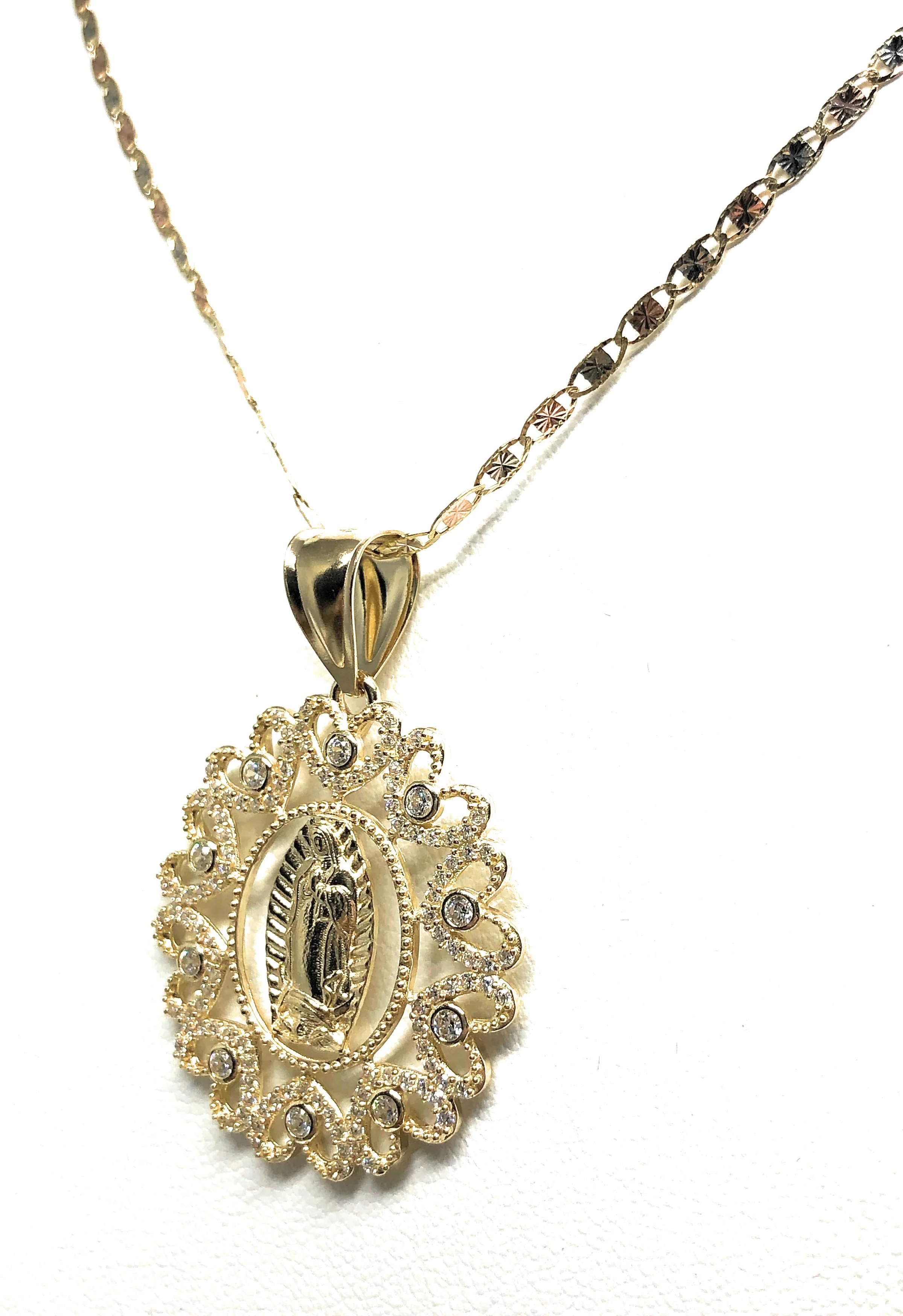14k Solid Gold Virrgin Mary Fancy Elegant CZ Pendant  Virrgen Guadalupe Valentina Chain - Image 7