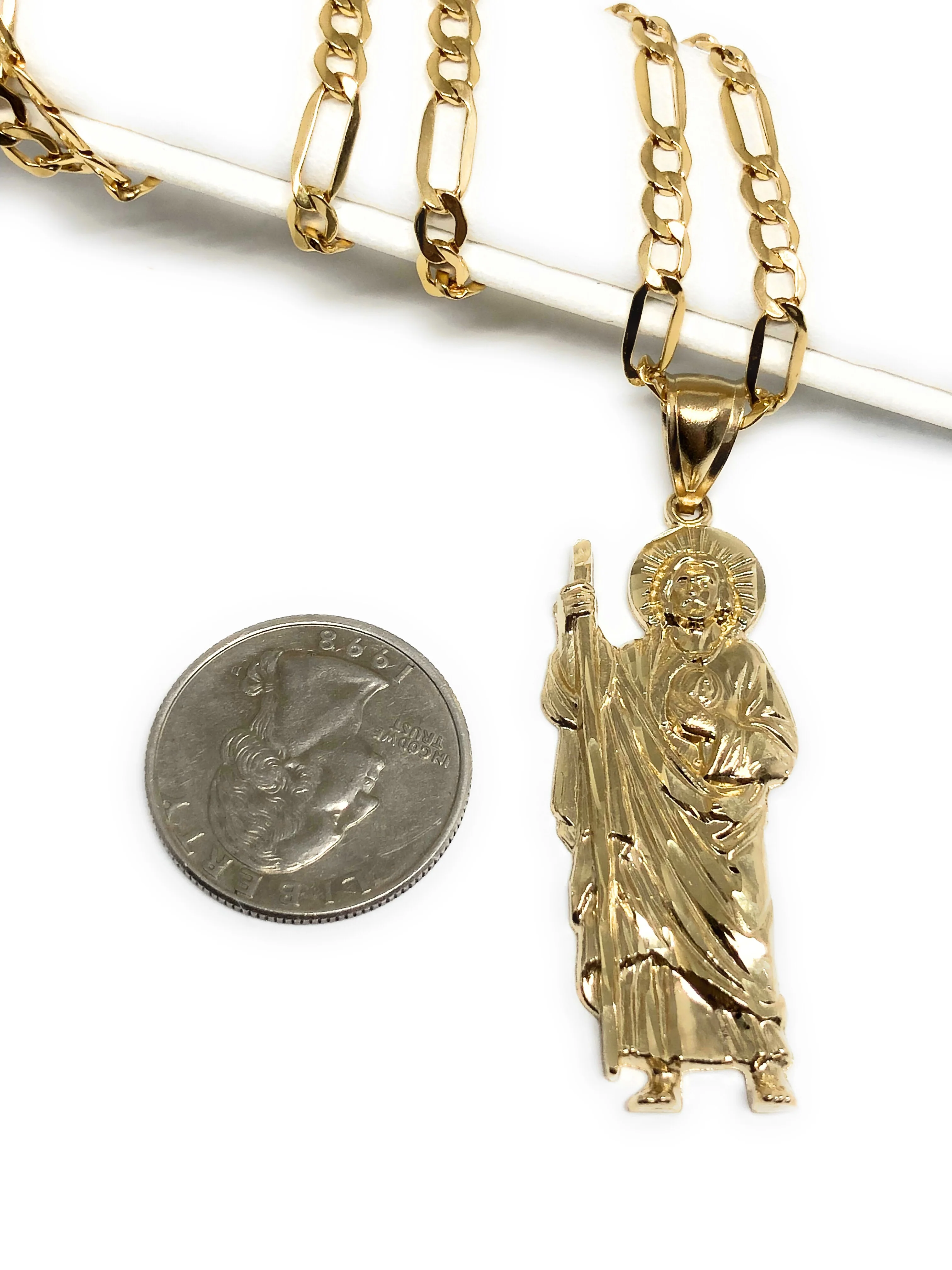 14k Solid Gold Yellow Saan Judas Saaint Jude Pendant Figaro Chain (MED, LG,XL) - Image 3