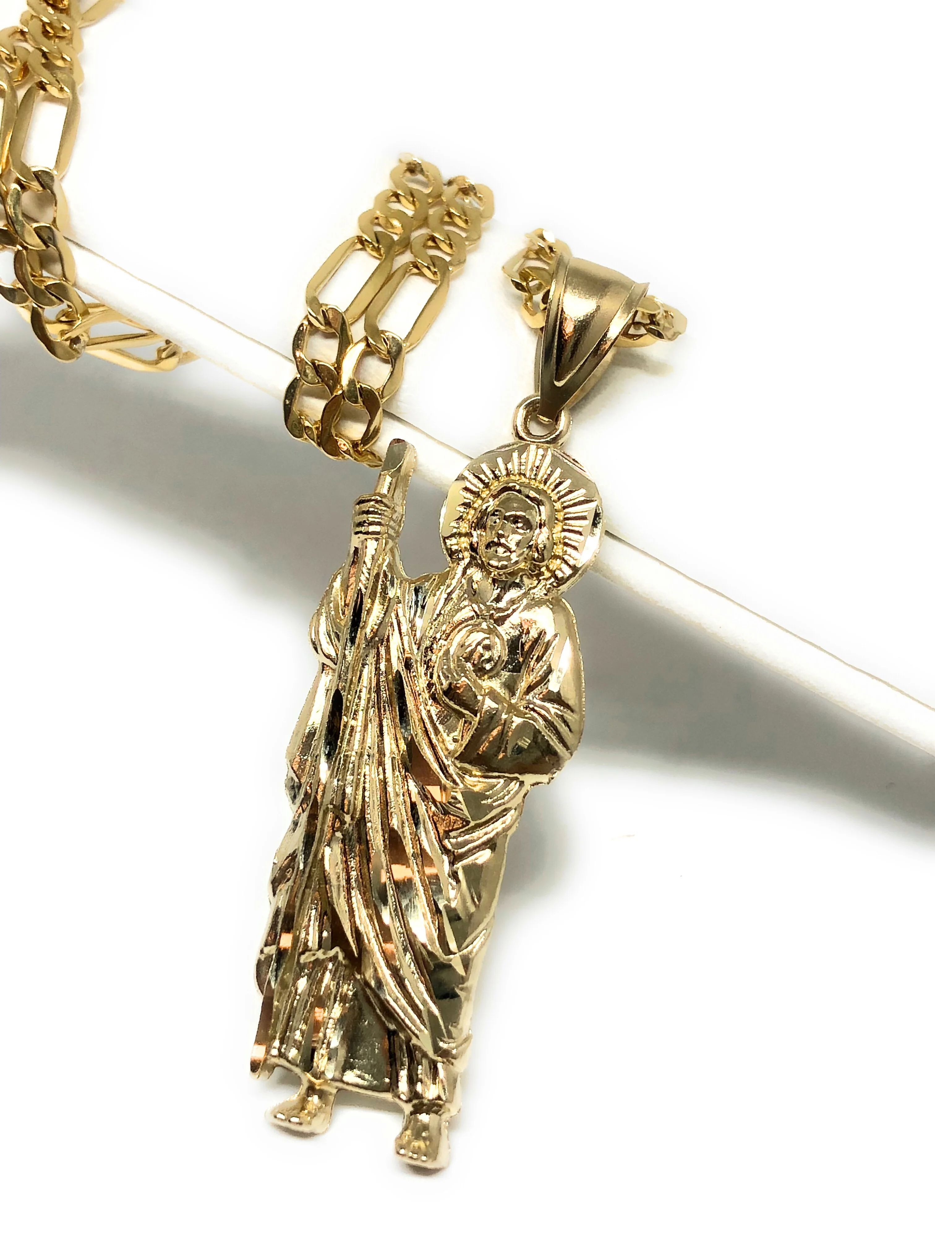 14k Solid Gold Yellow Saan Judas Saaint Jude Pendant Figaro Chain (MED, LG,XL) - Image 4
