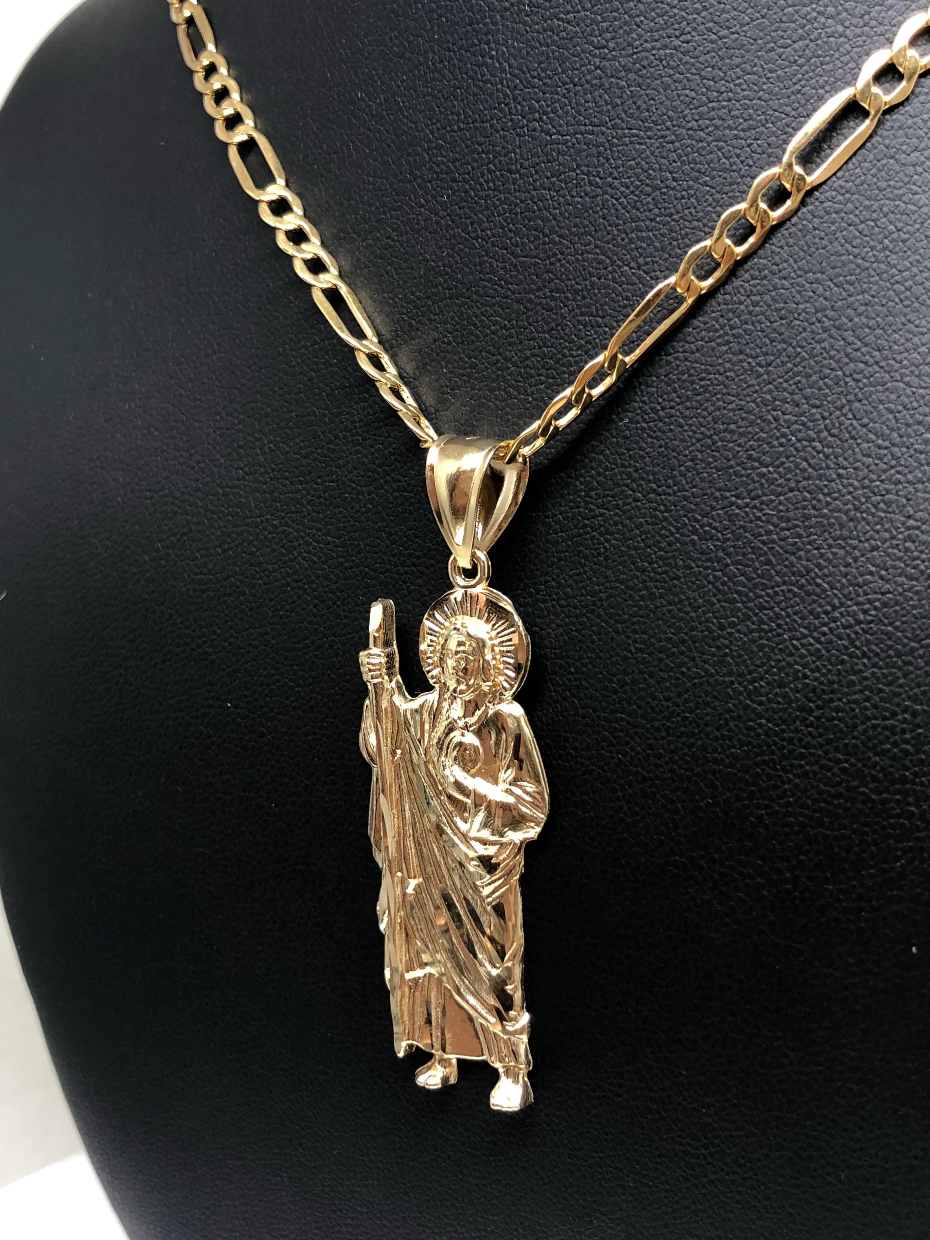 14k Solid Gold Yellow Saan Judas Saaint Jude Pendant Figaro Chain (MED, LG,XL) - Image 5