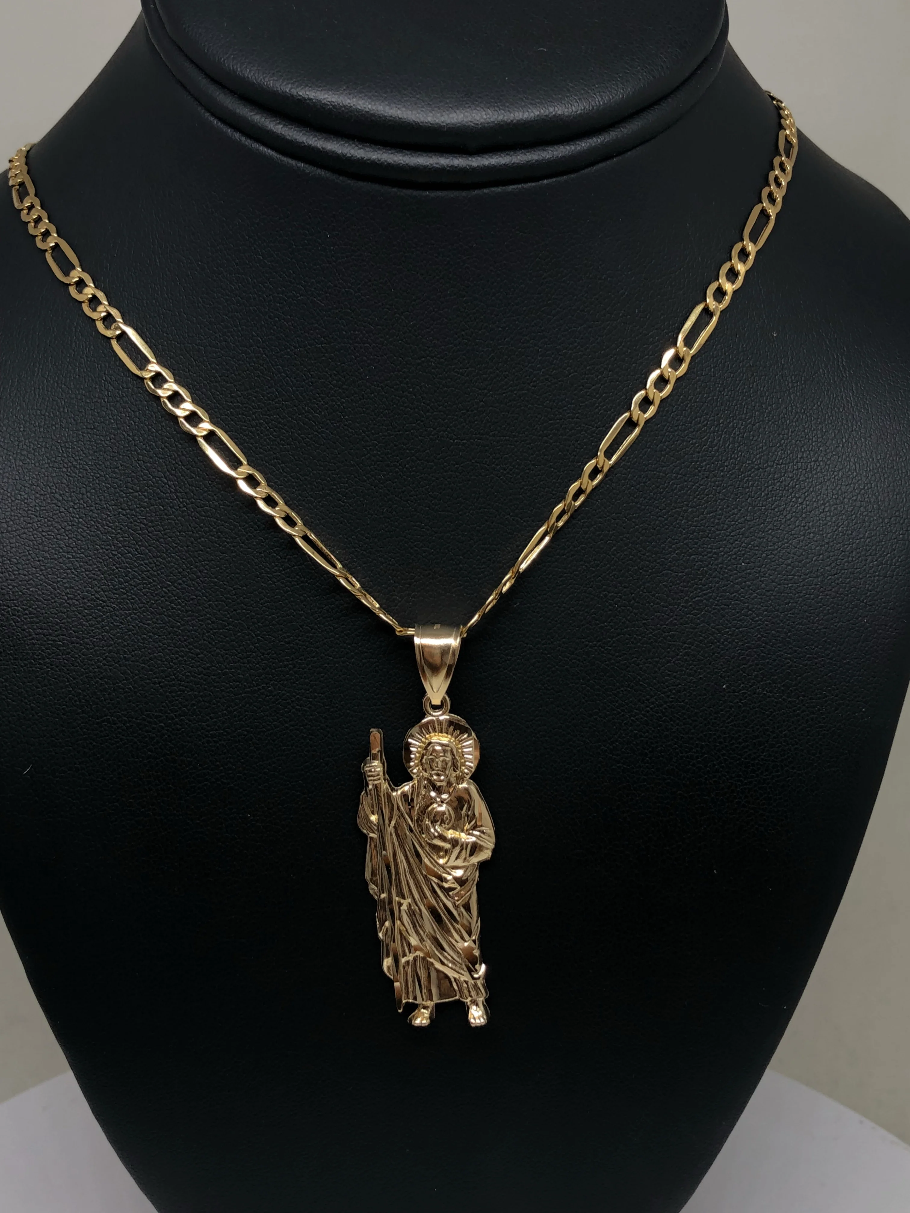 14k Solid Gold Yellow Saan Judas Saaint Jude Pendant Figaro Chain (MED, LG,XL) - Image 7