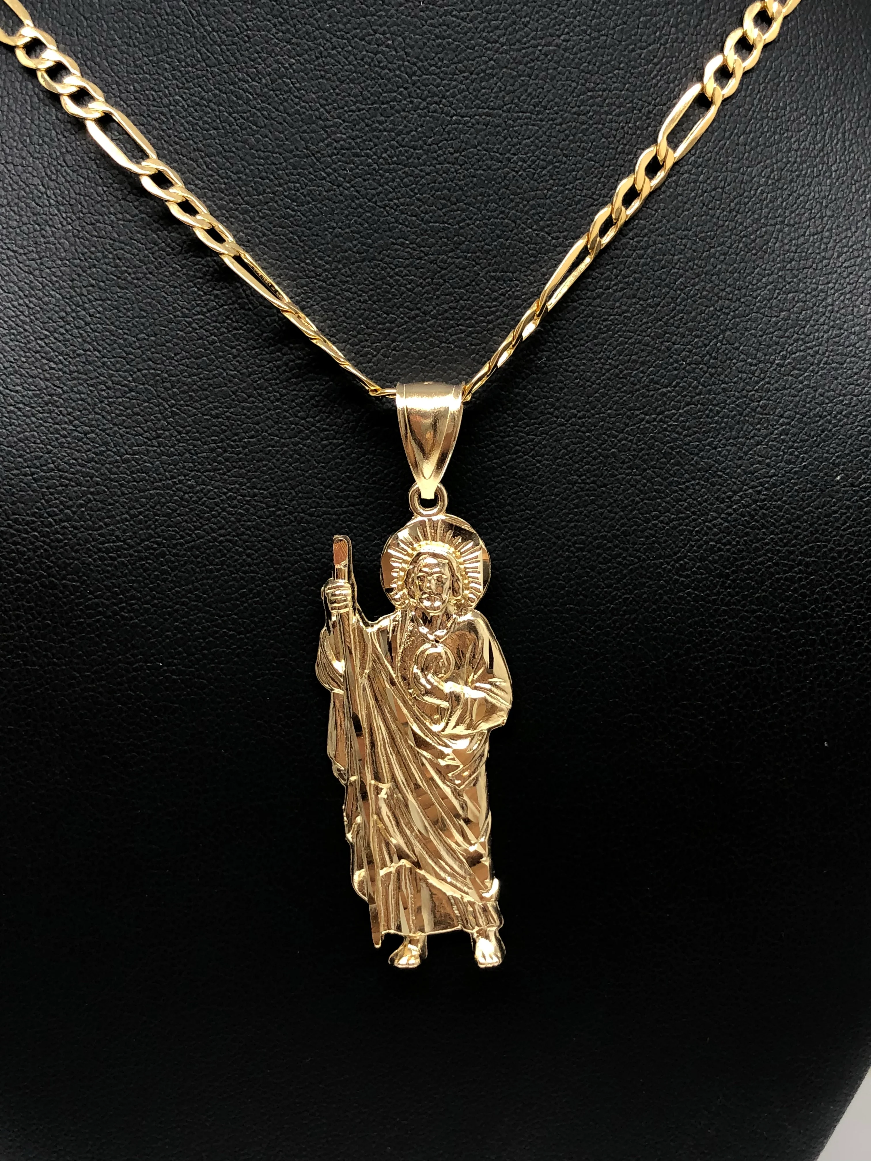 14k Solid Gold Yellow Saan Judas Saaint Jude Pendant Figaro Chain (MED, LG,XL) - Image 9
