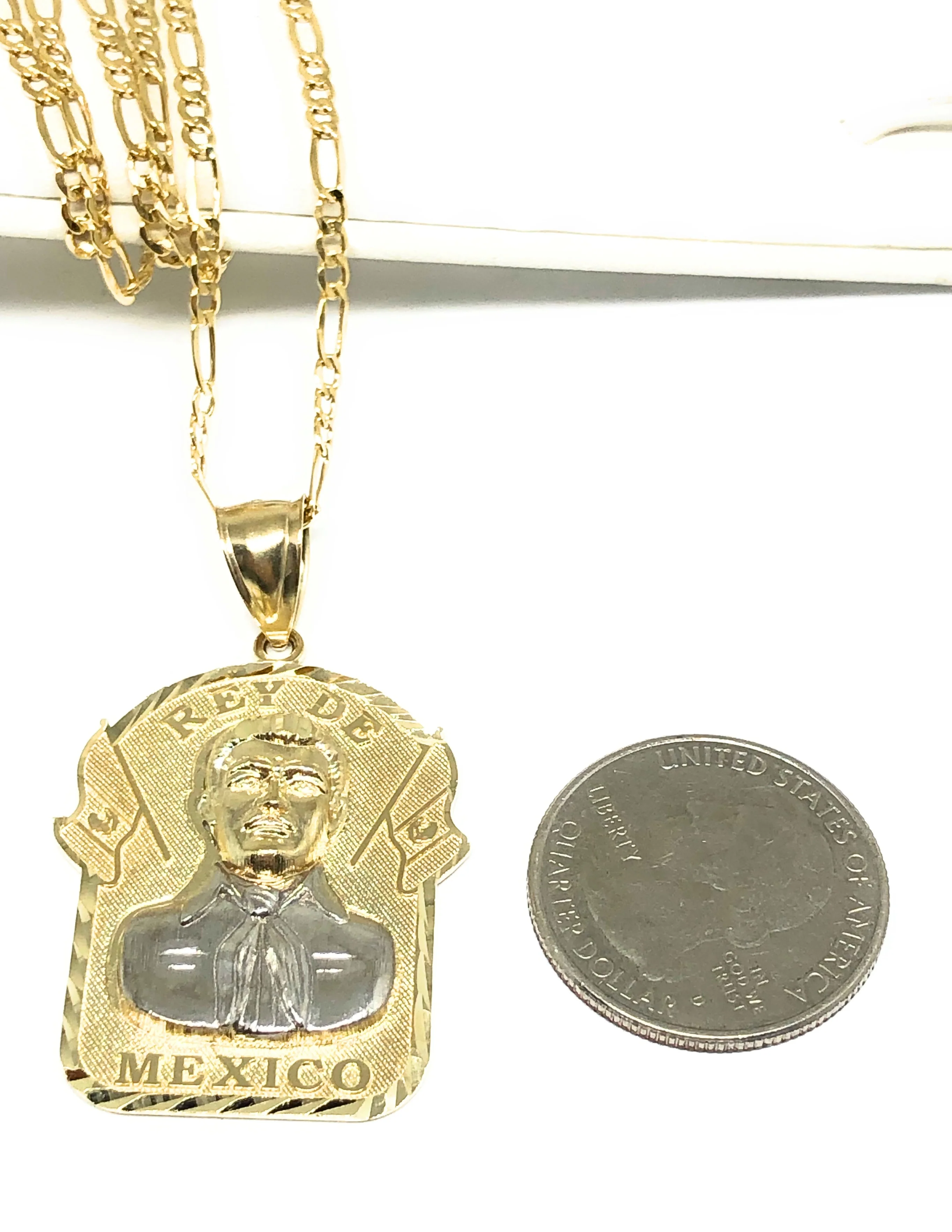 10k Solid Gold Yellow 2-Tone Big Jesus Malverde Sinaloa Pendant Necklace - Image 2