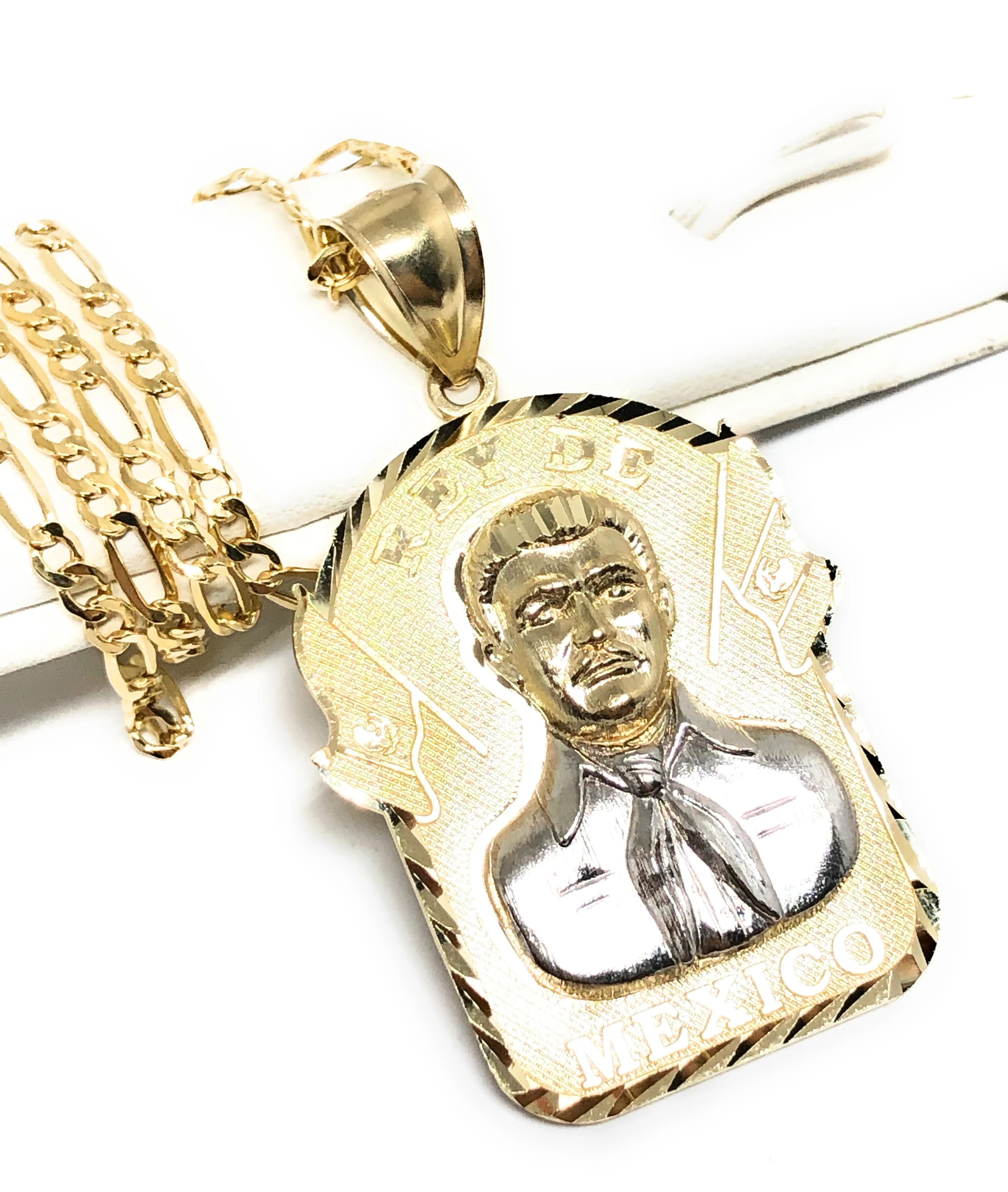 10k Solid Gold Yellow 2-Tone Big Jesus Malverde Sinaloa Pendant Necklace - Image 3