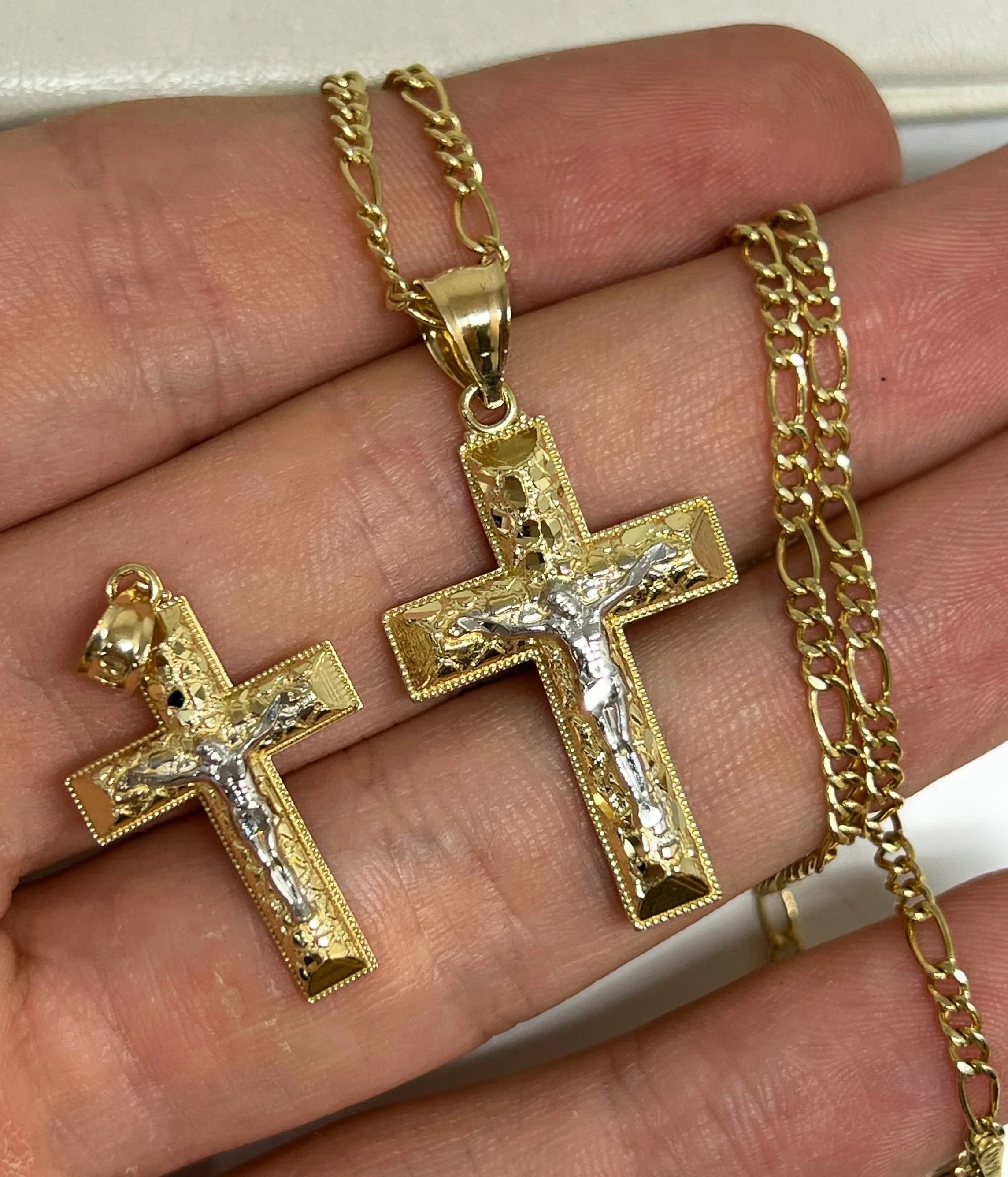 14k Solid Gold Yellow 2-Tone Jesus Cross Crucifix NUGGET Pendant Necklace (MED,SM) - Image 2