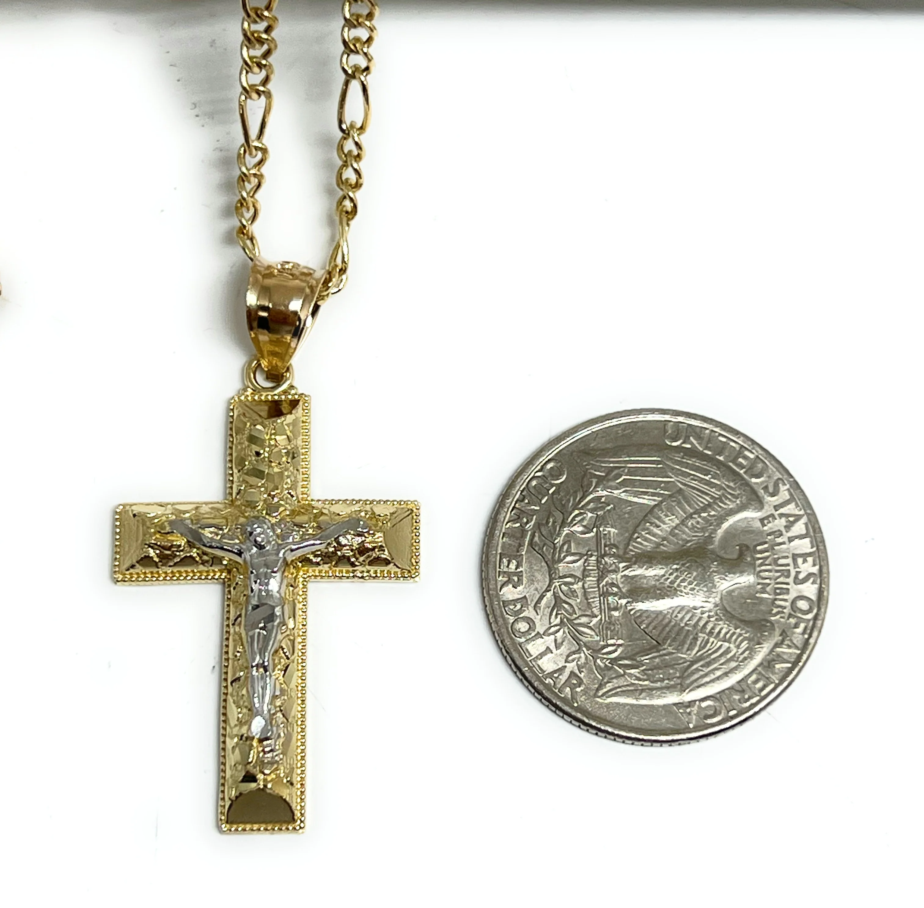 14k Solid Gold Yellow 2-Tone Jesus Cross Crucifix NUGGET Pendant Necklace (MED,SM) - Image 4