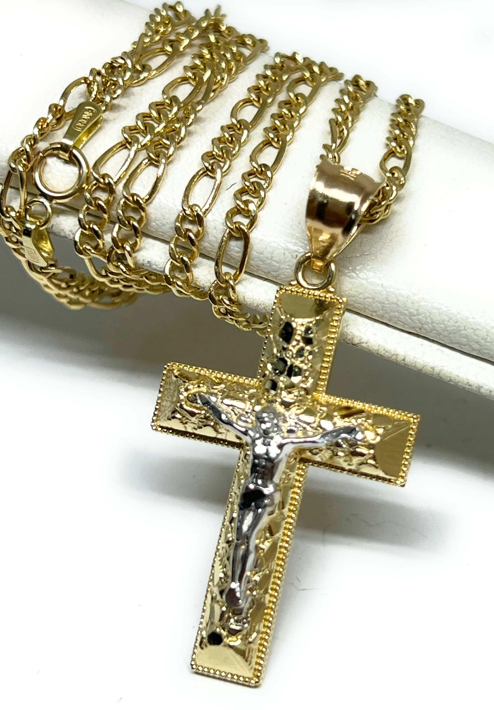 14k Solid Gold Yellow 2-Tone Jesus Cross Crucifix NUGGET Pendant Necklace (MED,SM) - Image 5