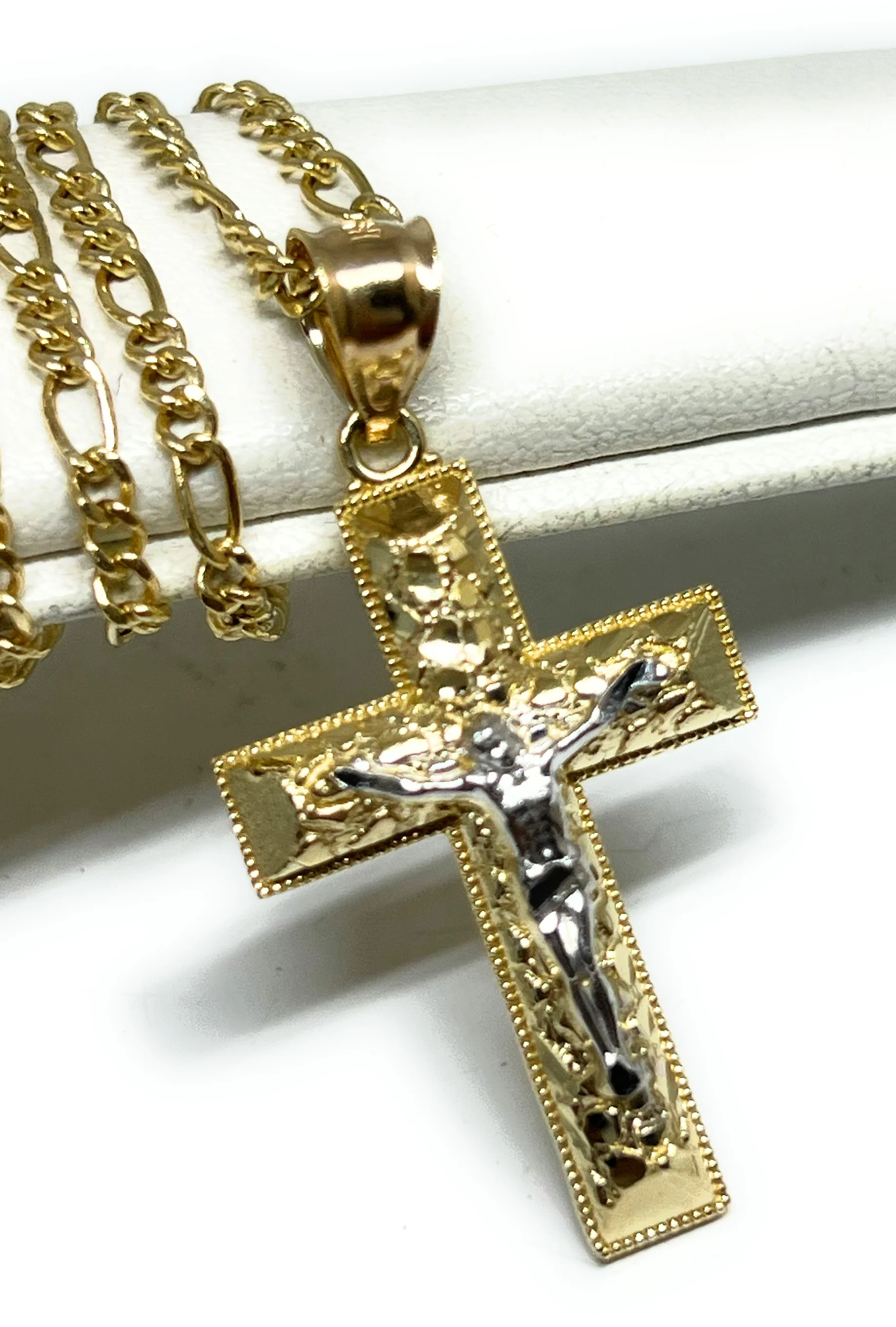 14k Solid Gold Yellow 2-Tone Jesus Cross Crucifix NUGGET Pendant Necklace (MED,SM) - Image 6