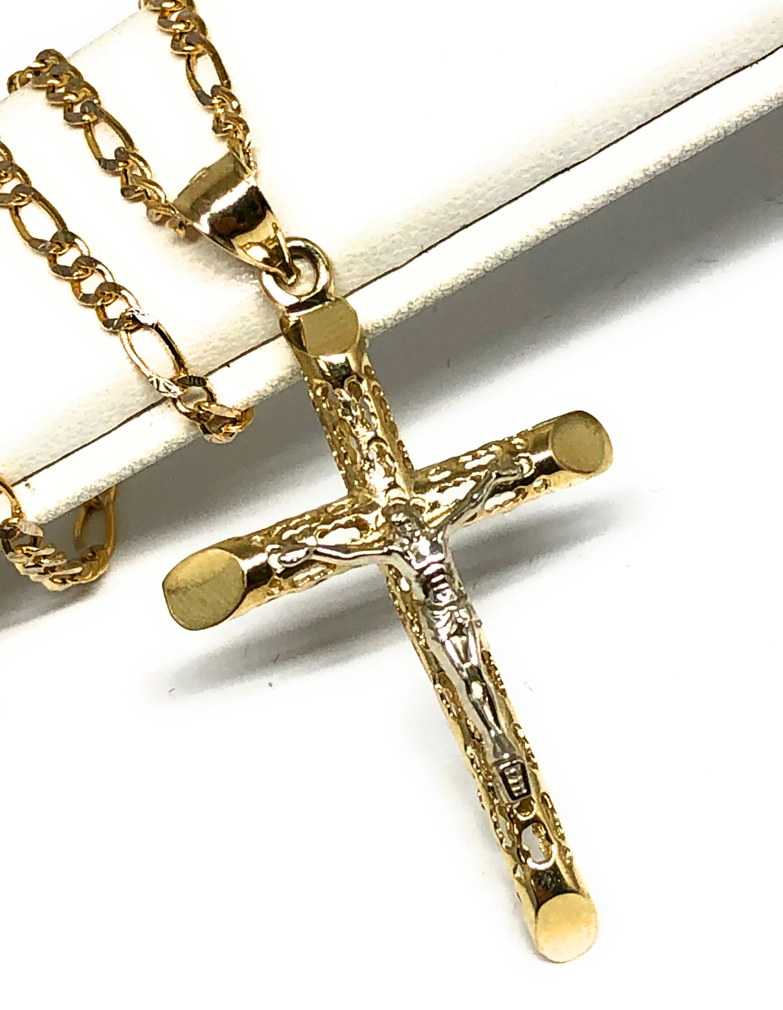 14k Solid Gold Yellow 2-Tone Jesus Cross Crucifix Termite Pendant Necklace (MED,SM)