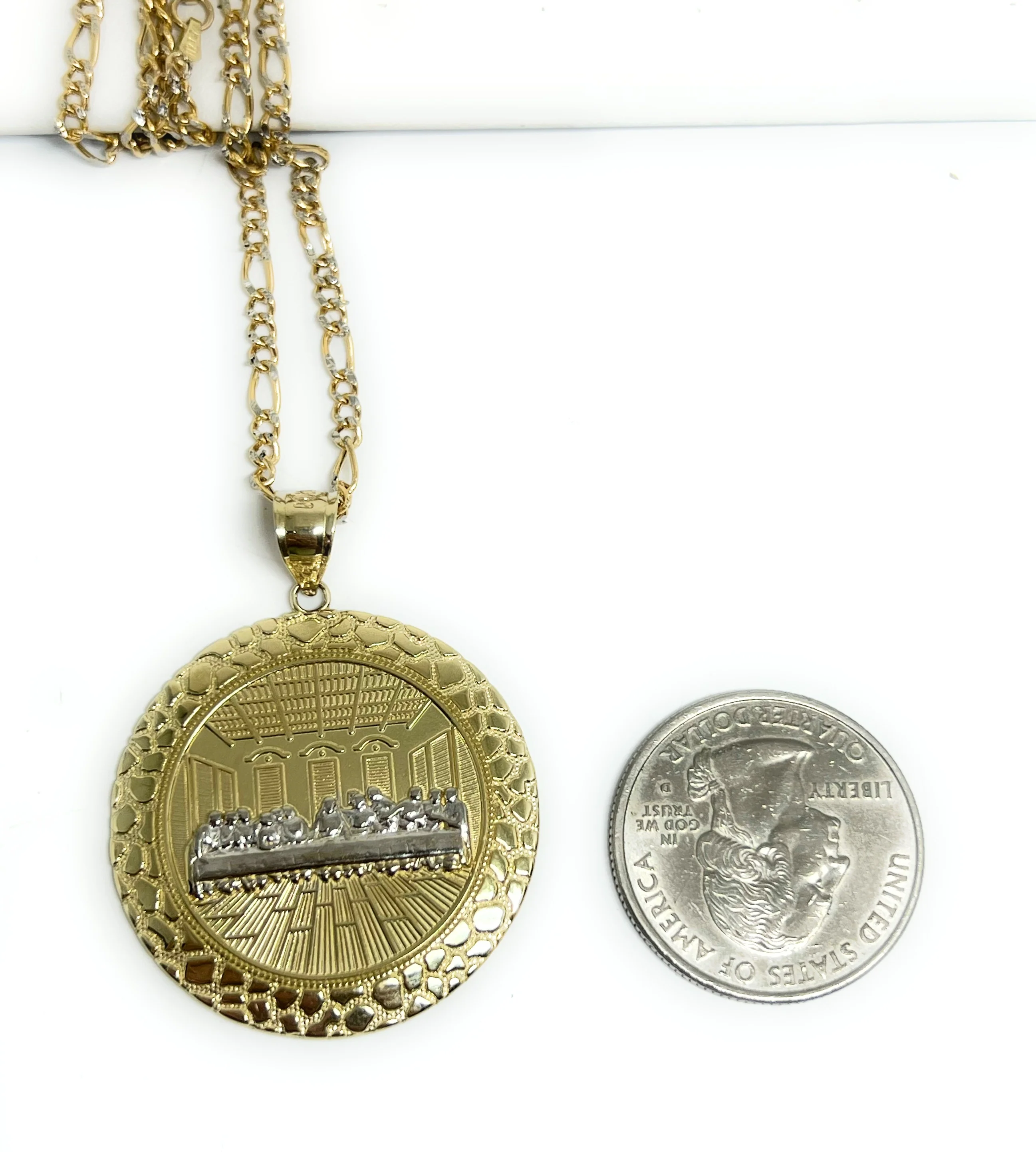 14k Solid Gold Yellow 2-Tone Jesus Last Supper CZ NUGGET BORDER Pendant Necklace (6.8g) - Image 2