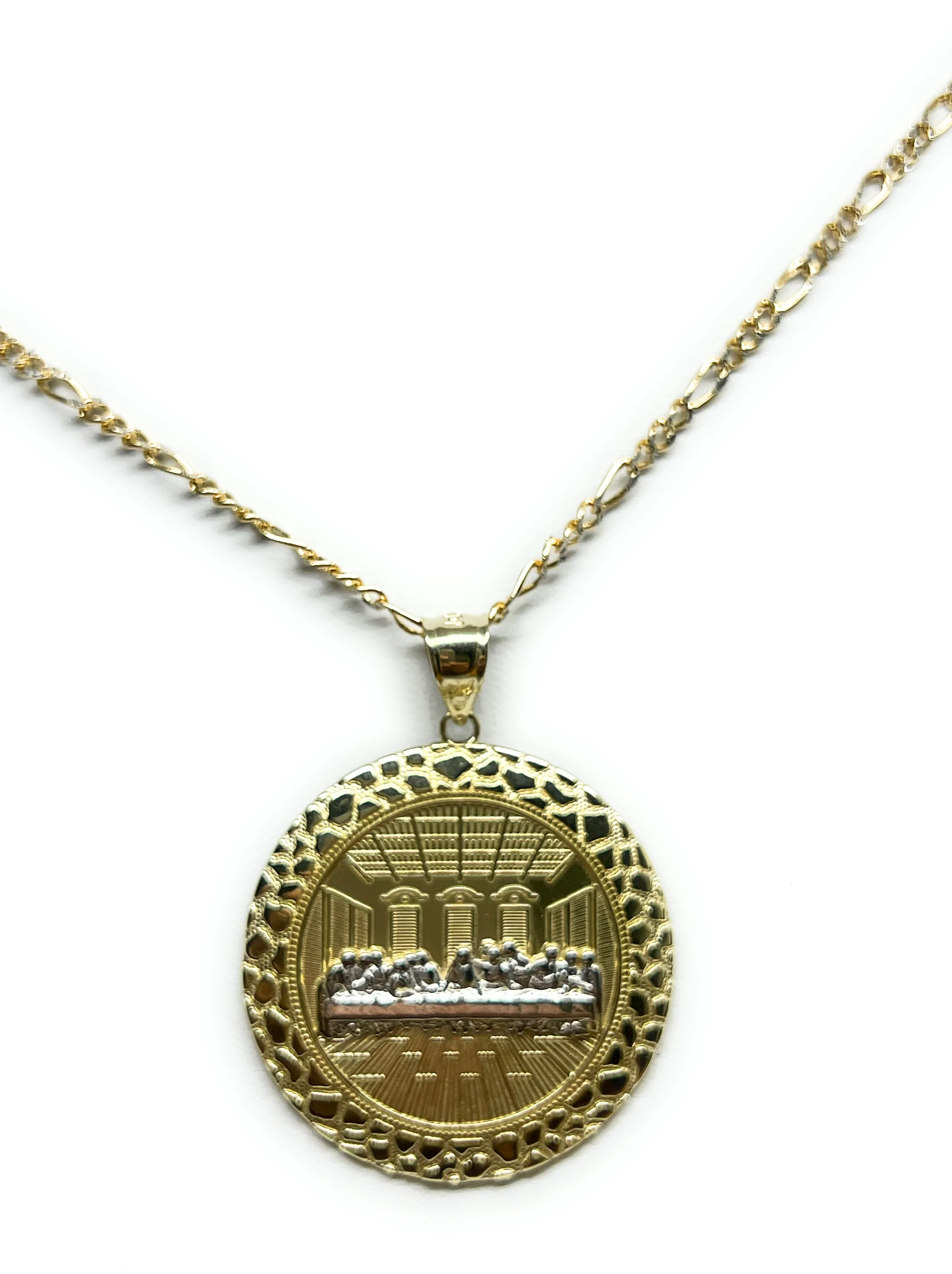 14k Solid Gold Yellow 2-Tone Jesus Last Supper CZ NUGGET BORDER Pendant Necklace (6.8g) - Image 5