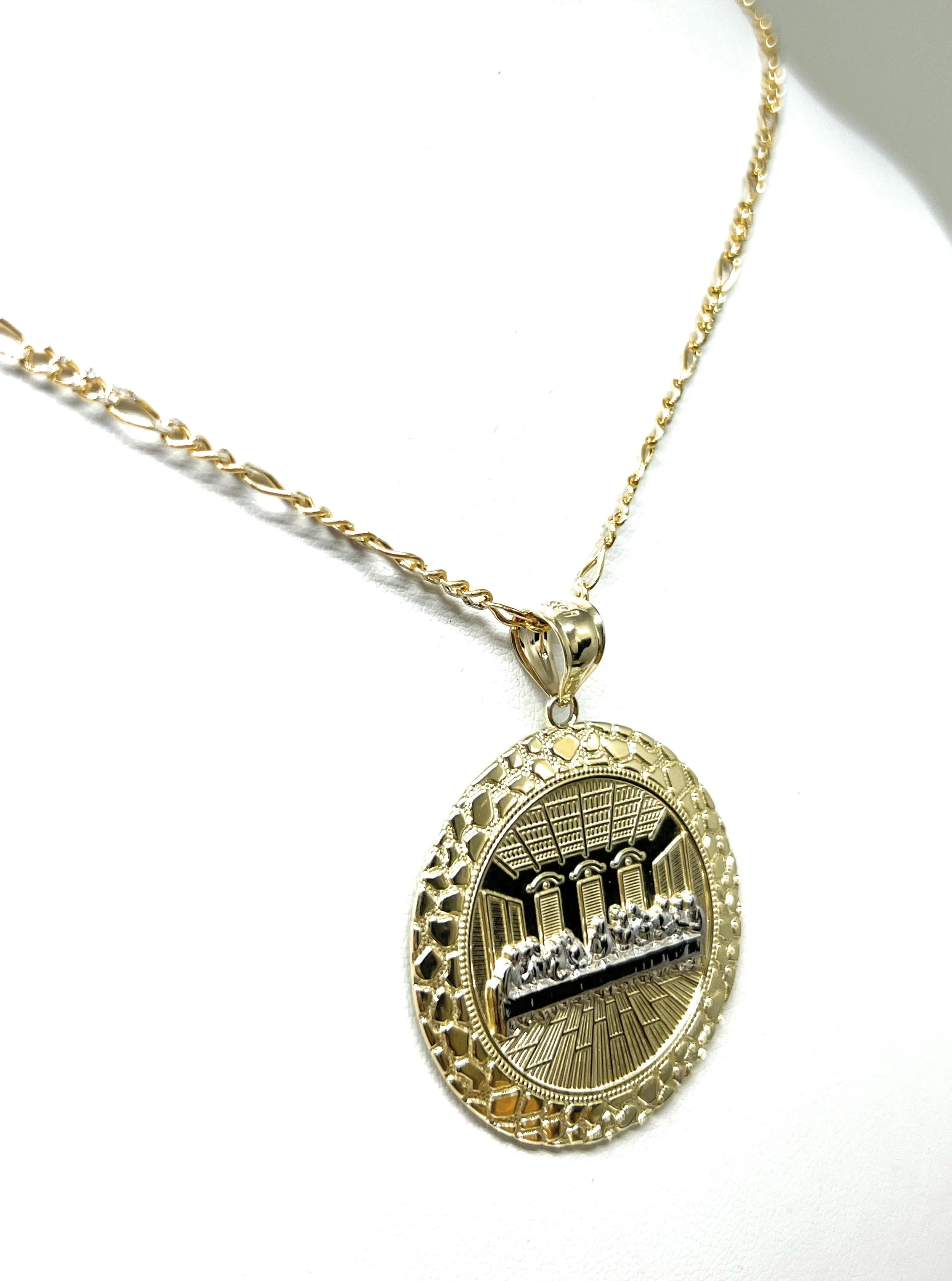 14k Solid Gold Yellow 2-Tone Jesus Last Supper CZ NUGGET BORDER Pendant Necklace (6.8g) - Image 6