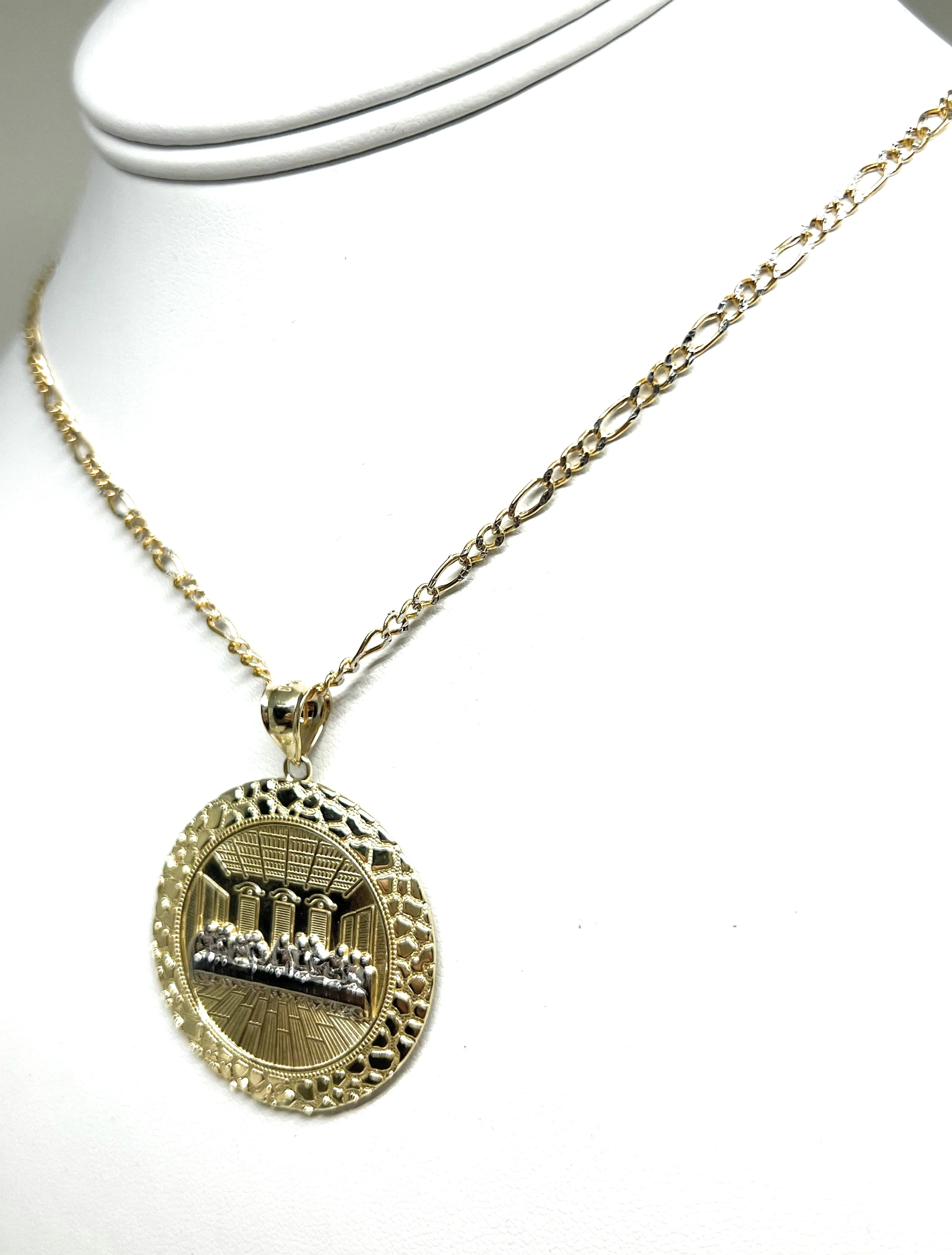 14k Solid Gold Yellow 2-Tone Jesus Last Supper CZ NUGGET BORDER Pendant Necklace (6.8g) - Image 7