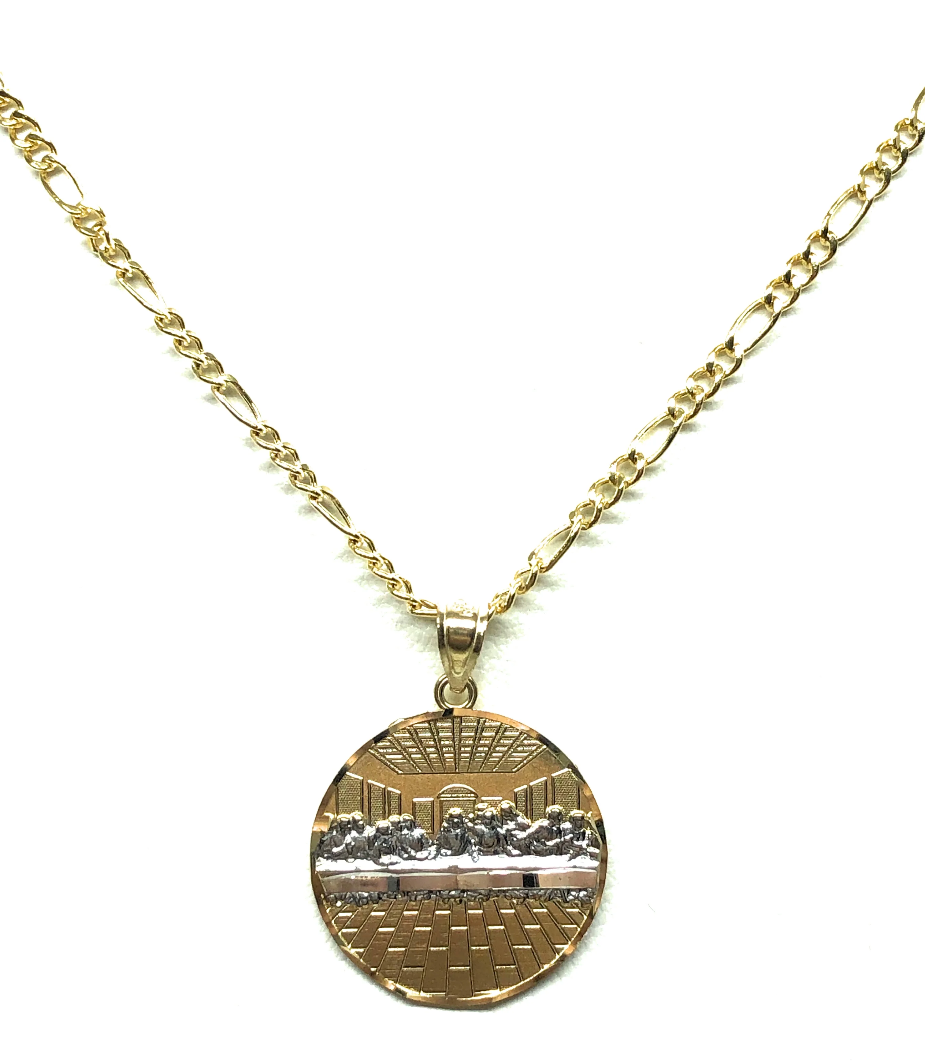 14k Solid Gold Yellow 2-Tone Jesus Last Supper Round Pendant Necklace (SM,MED,LG,XL) - Image 4