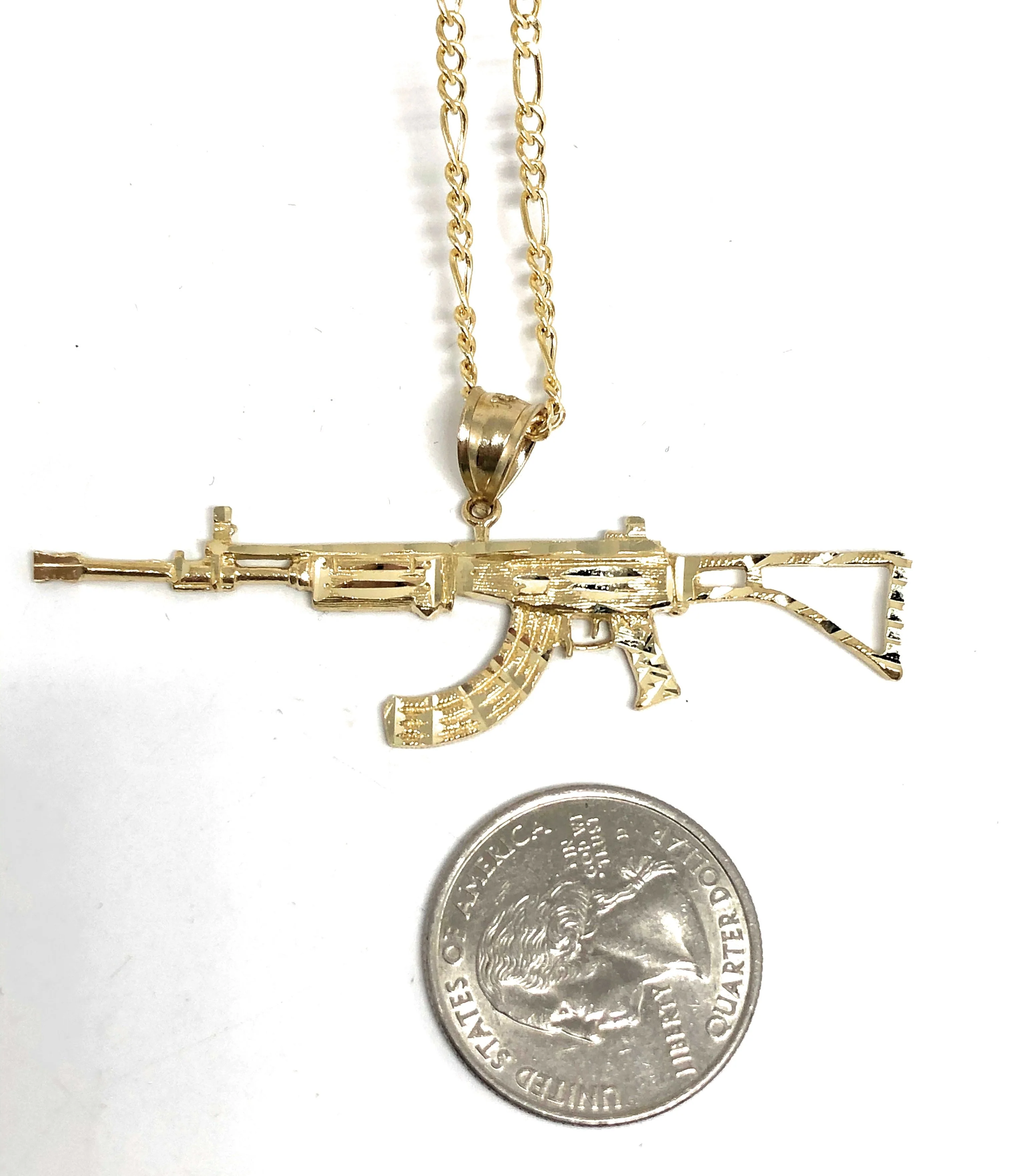 14k Solid Gold Yellow Classic Machine Gun AK-47 Pendant Necklace - Image 2