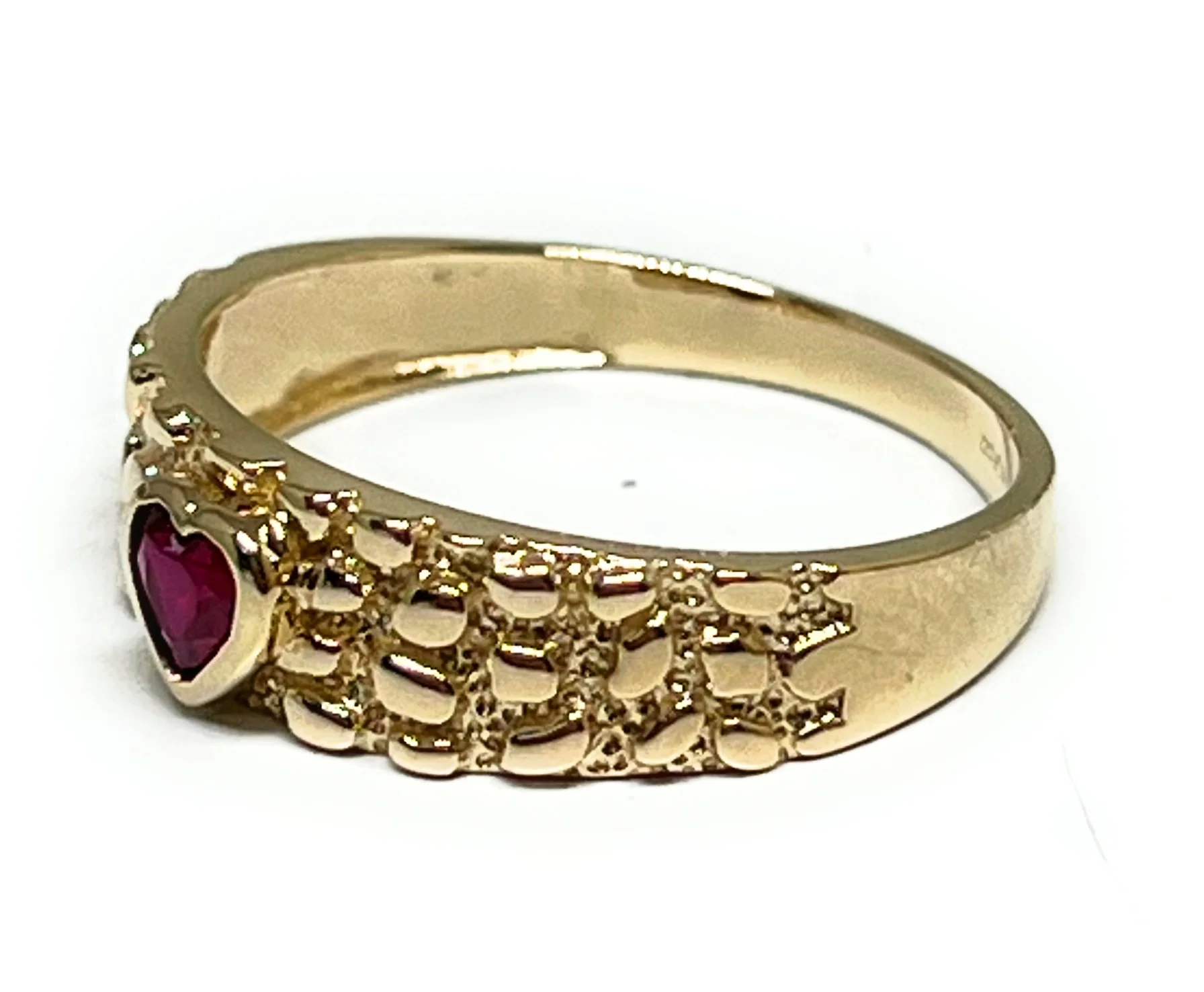 14k Solid Gold Yellow Classic Nugget RED CZ HEART Ring (FC 288) - Image 2