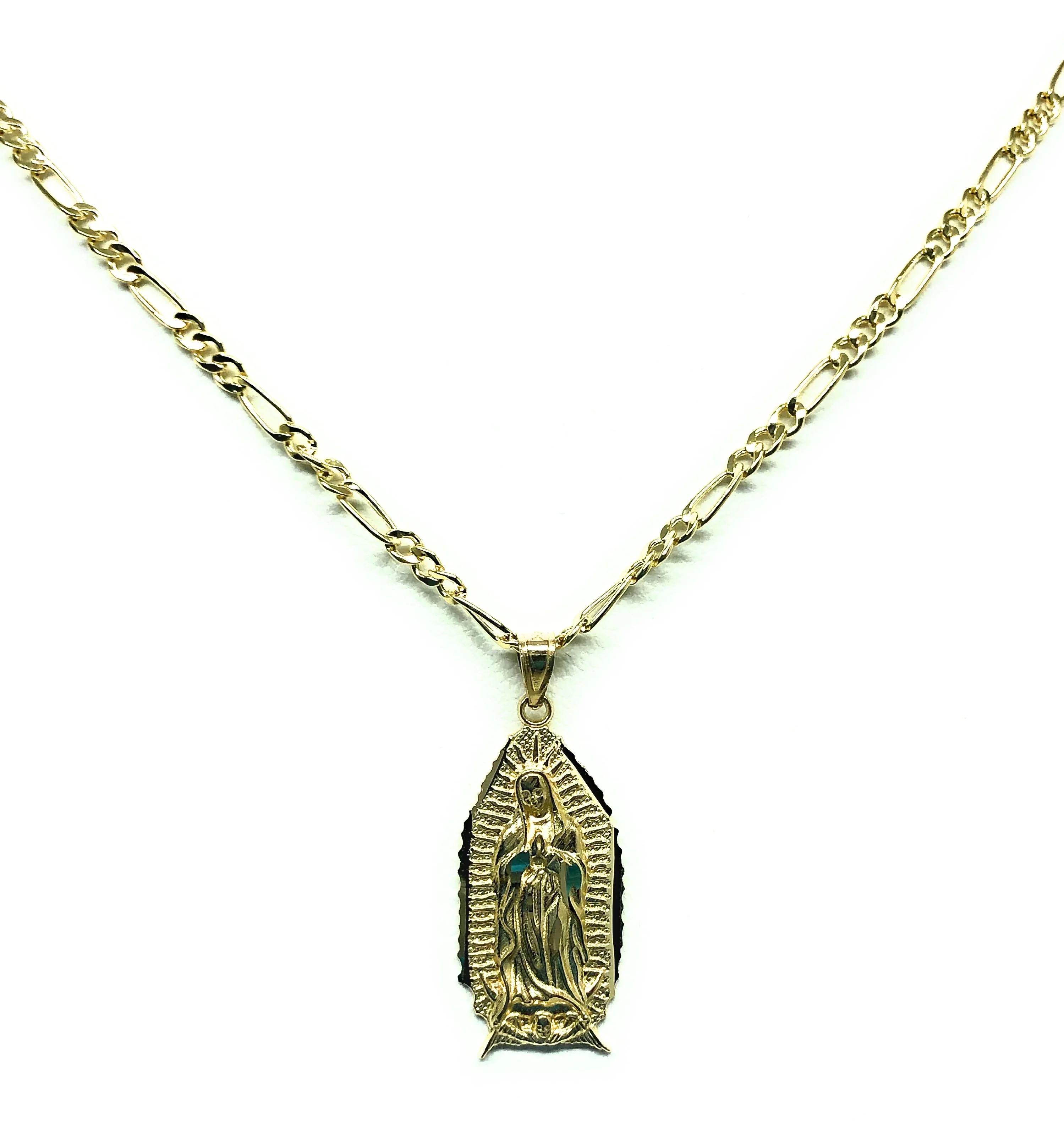 14k Solid Gold Yellow Classic Virrgin Mary Pendant Virrgen Guadalupe Figaro Chain - Image 4