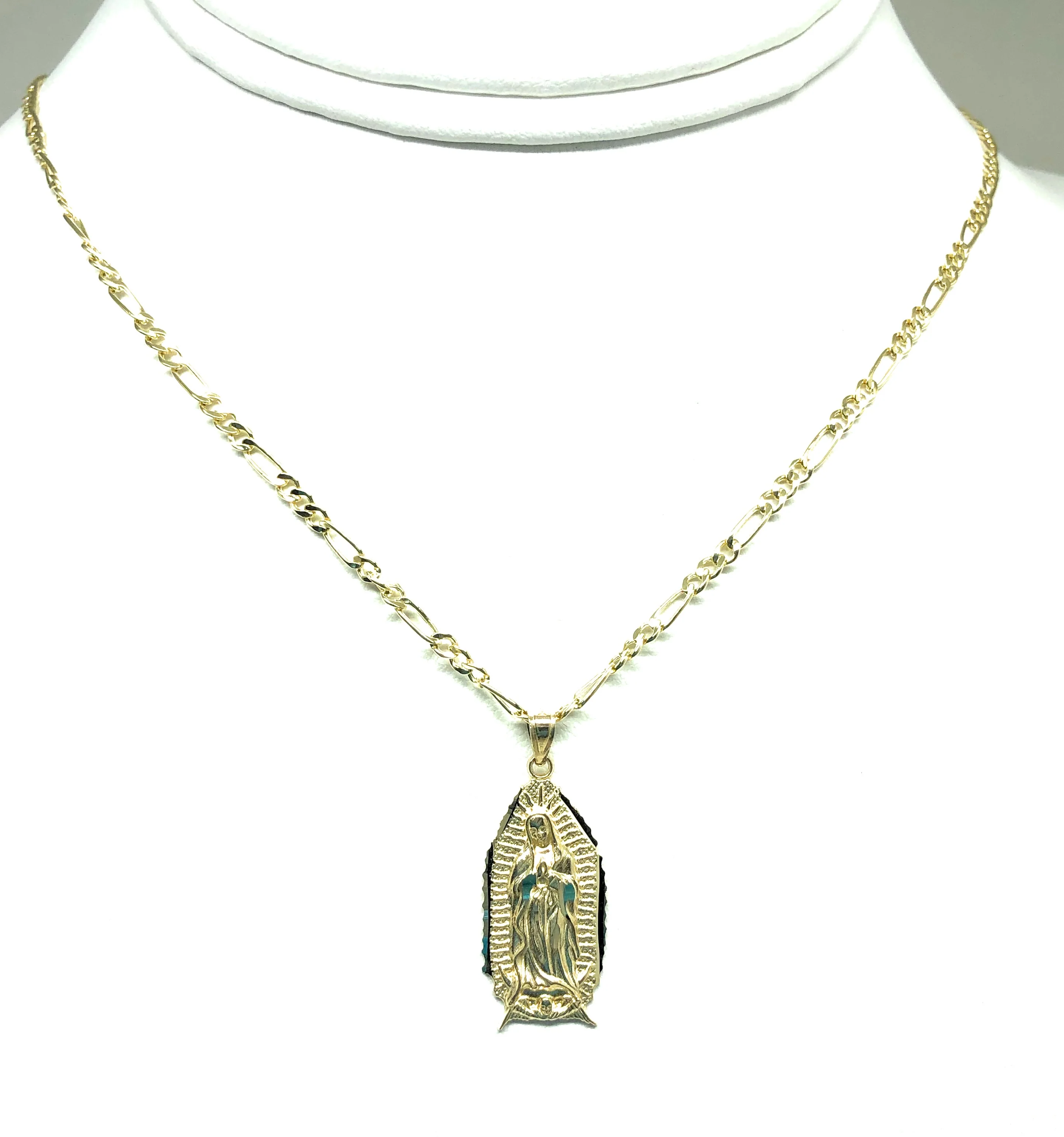 14k Solid Gold Yellow Classic Virrgin Mary Pendant Virrgen Guadalupe Figaro Chain - Image 5
